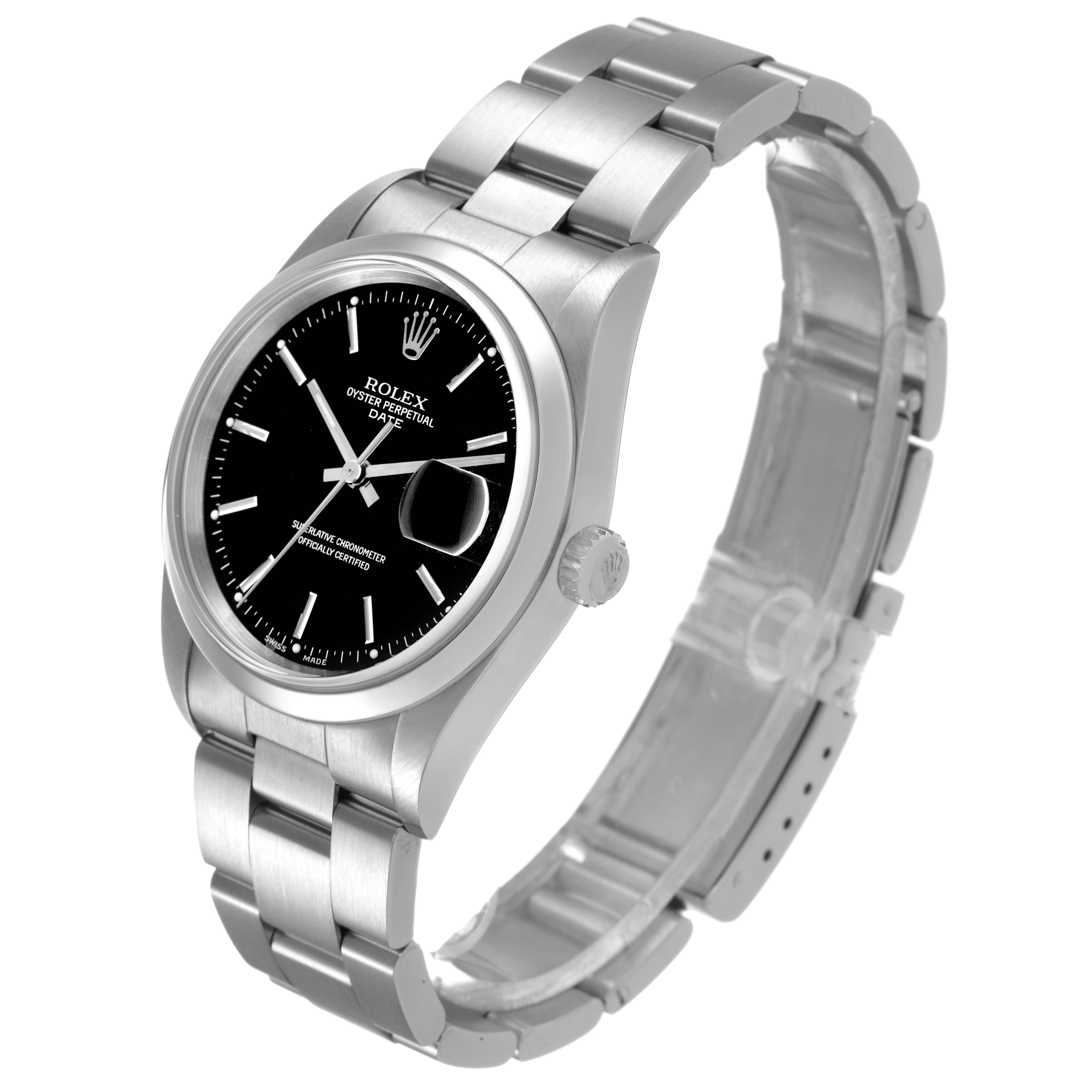 The Rolex Oyster Perpetual 15200 Men's Stainless Steel Black Dial watch is shown at a three-quarter angle, displaying the dial, bezel, bracelet, and crown.
