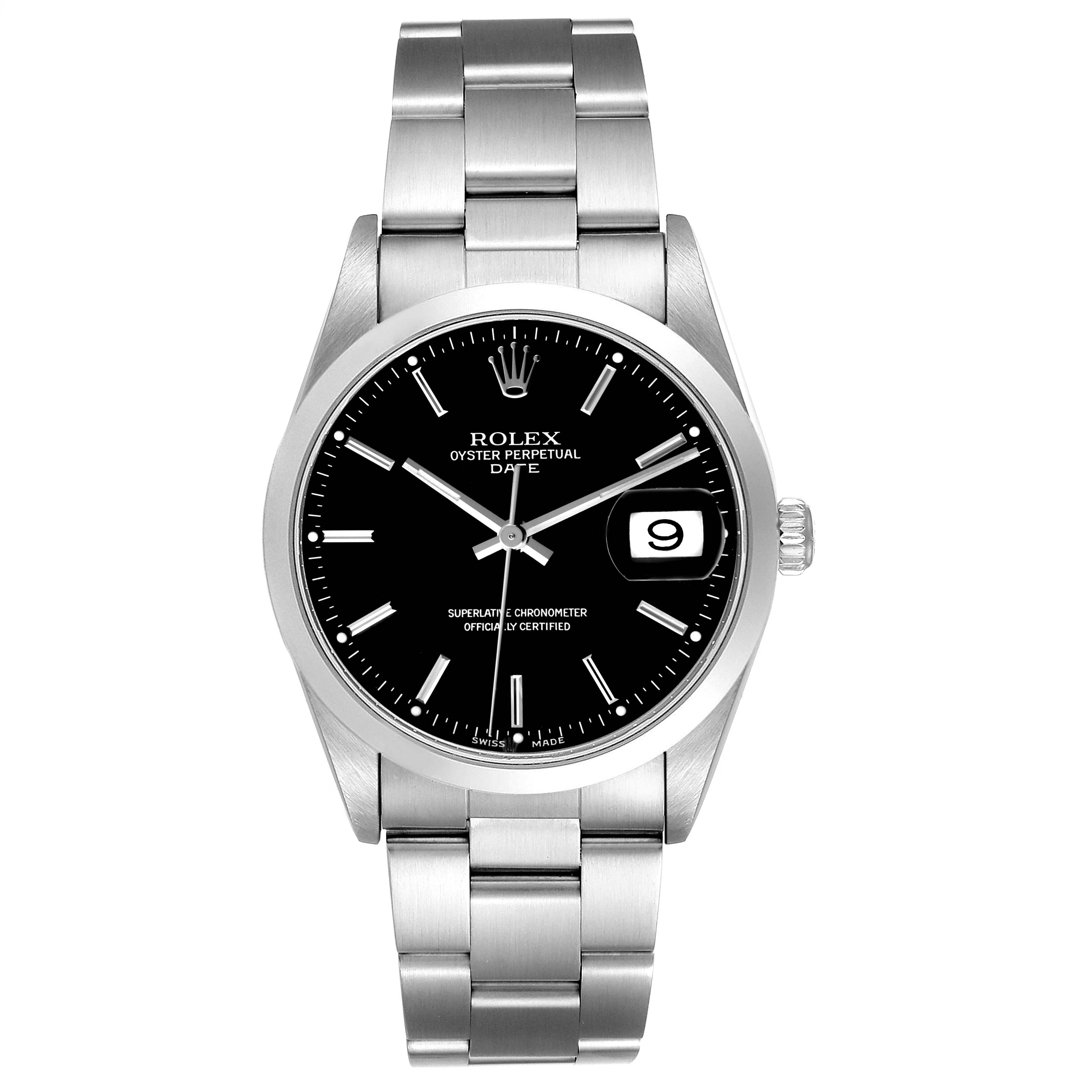 The Rolex Oyster Perpetual 15200 Men's Stainless Steel Black Dial watch is shown from a front view, displaying the dial, bracelet, and crown.