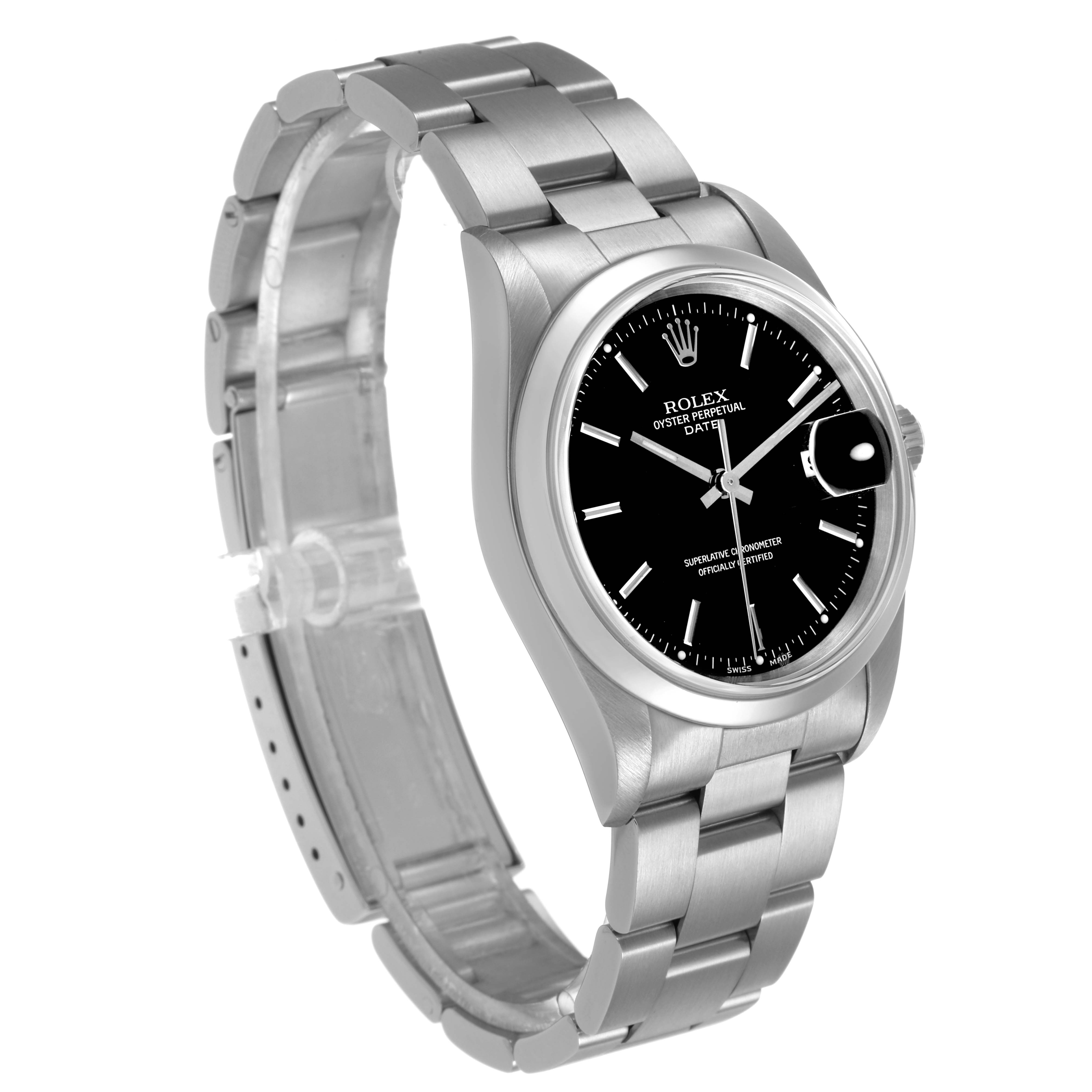 The Rolex Oyster Perpetual 15200 Men's Stainless Steel Black Dial watch is shown at a three-quarter angle, displaying the dial, bracelet, and partially open clasp.