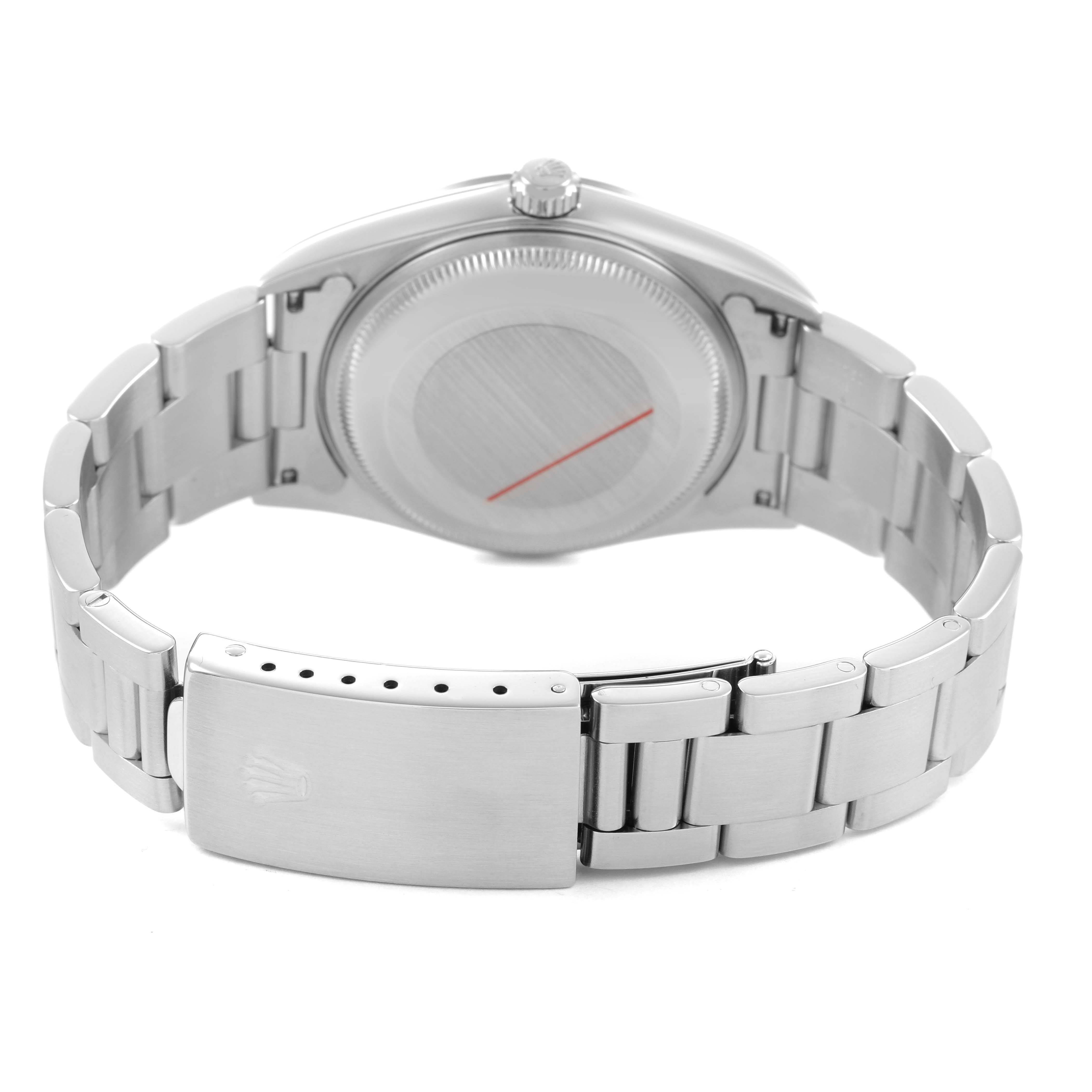 The image shows the back of a Rolex Oyster Perpetual 15200 Men's Stainless Steel Black Dial watch, focusing on the clasp and bracelet.