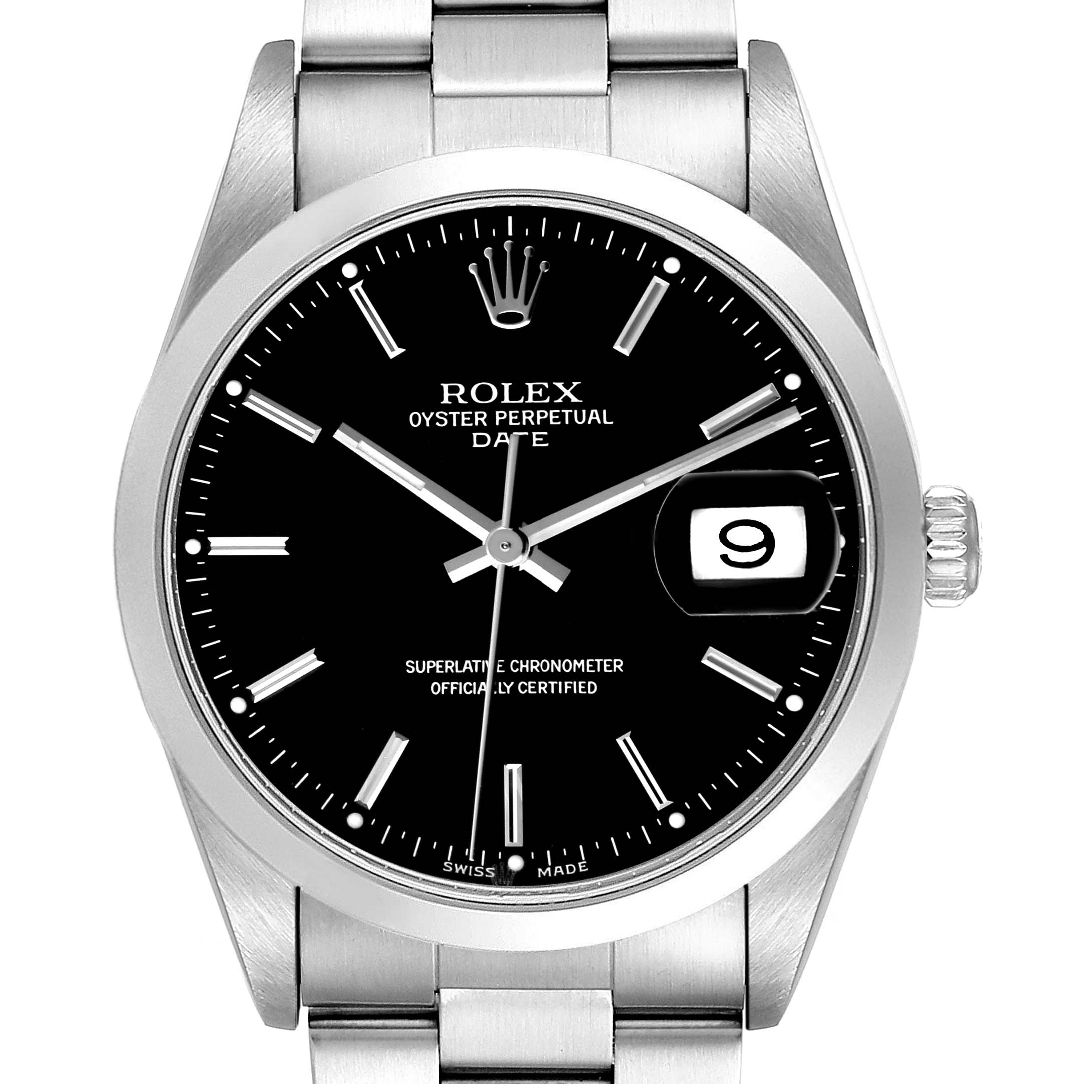 The Rolex Oyster Perpetual 15200 Men's Stainless Steel Black Dial watch is shown head-on, highlighting the face, bezel, crown, and bracelet.
