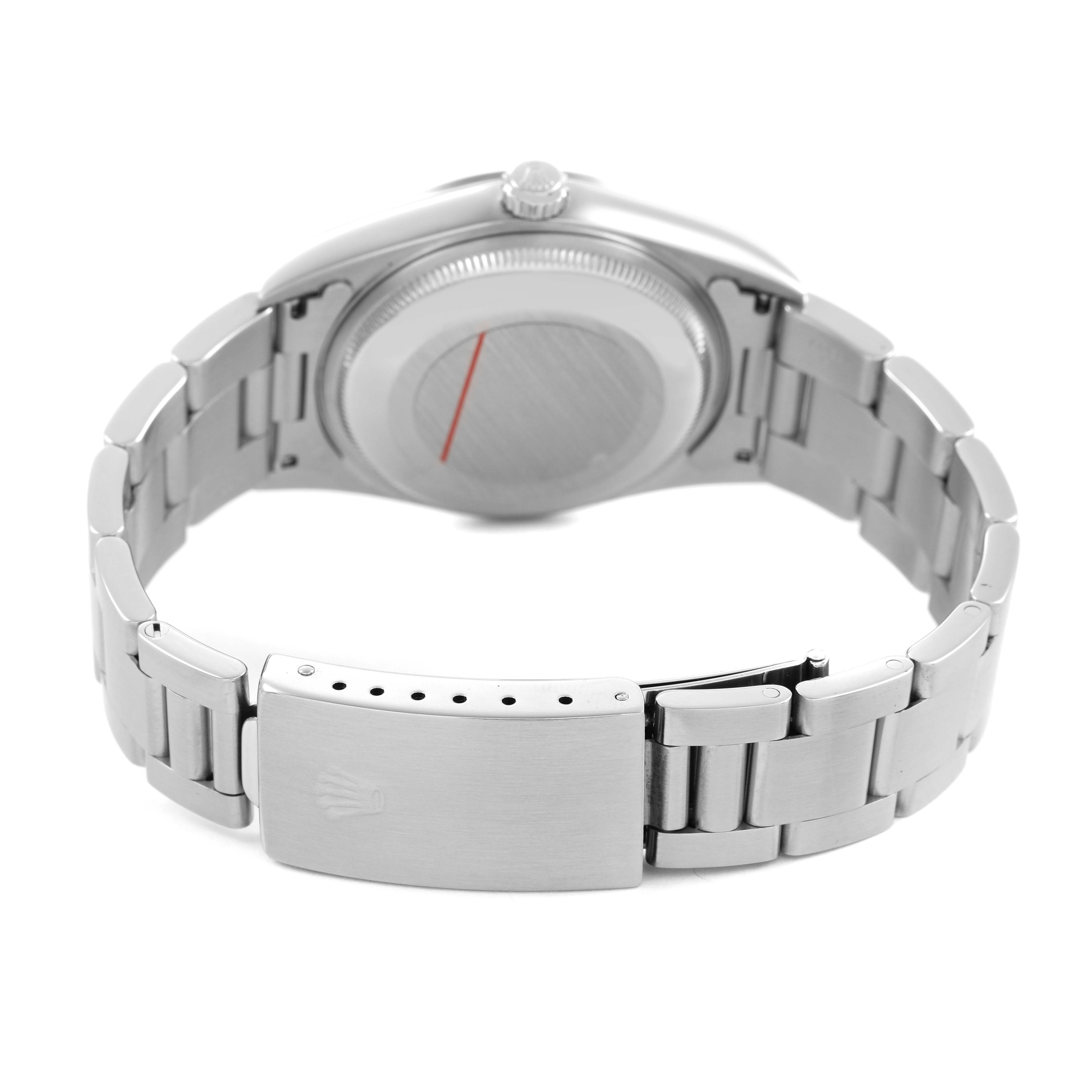 The image shows the back and bracelet clasp of a Rolex Date 15200 Men's Stainless Steel Black Dial model, viewed from the reverse side.