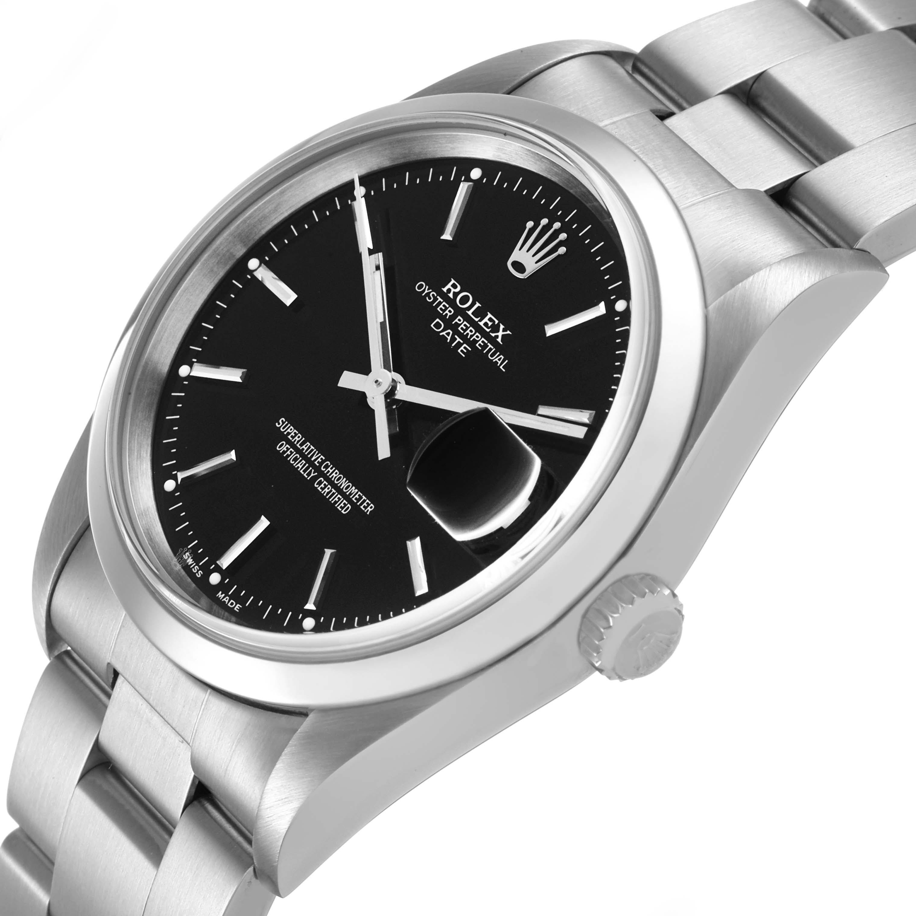 The Rolex Date 15200 Men's Stainless Steel Black Dial watch is shown at an angle highlighting the black dial, crown, and stainless steel bracelet.