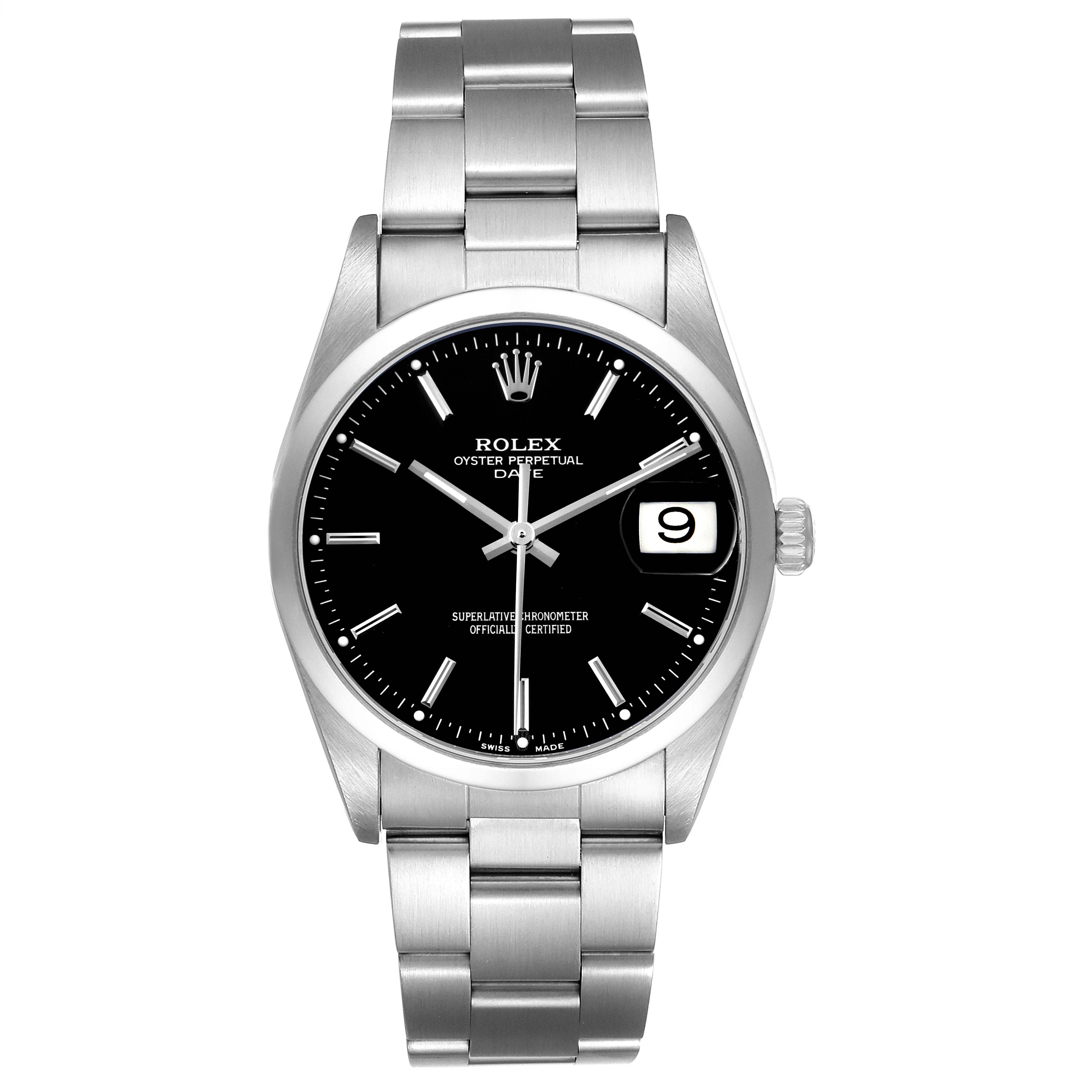 The Rolex Date 15200 Men's Stainless Steel Black Dial watch is shown from a front angle, displaying the dial, bezel, and stainless steel bracelet.