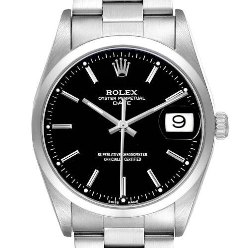 The Rolex Date 15200 Men's Stainless Steel Black Dial watch is shown from the front, highlighting the dial, hands, markers, bezel, crown, and bracelet.