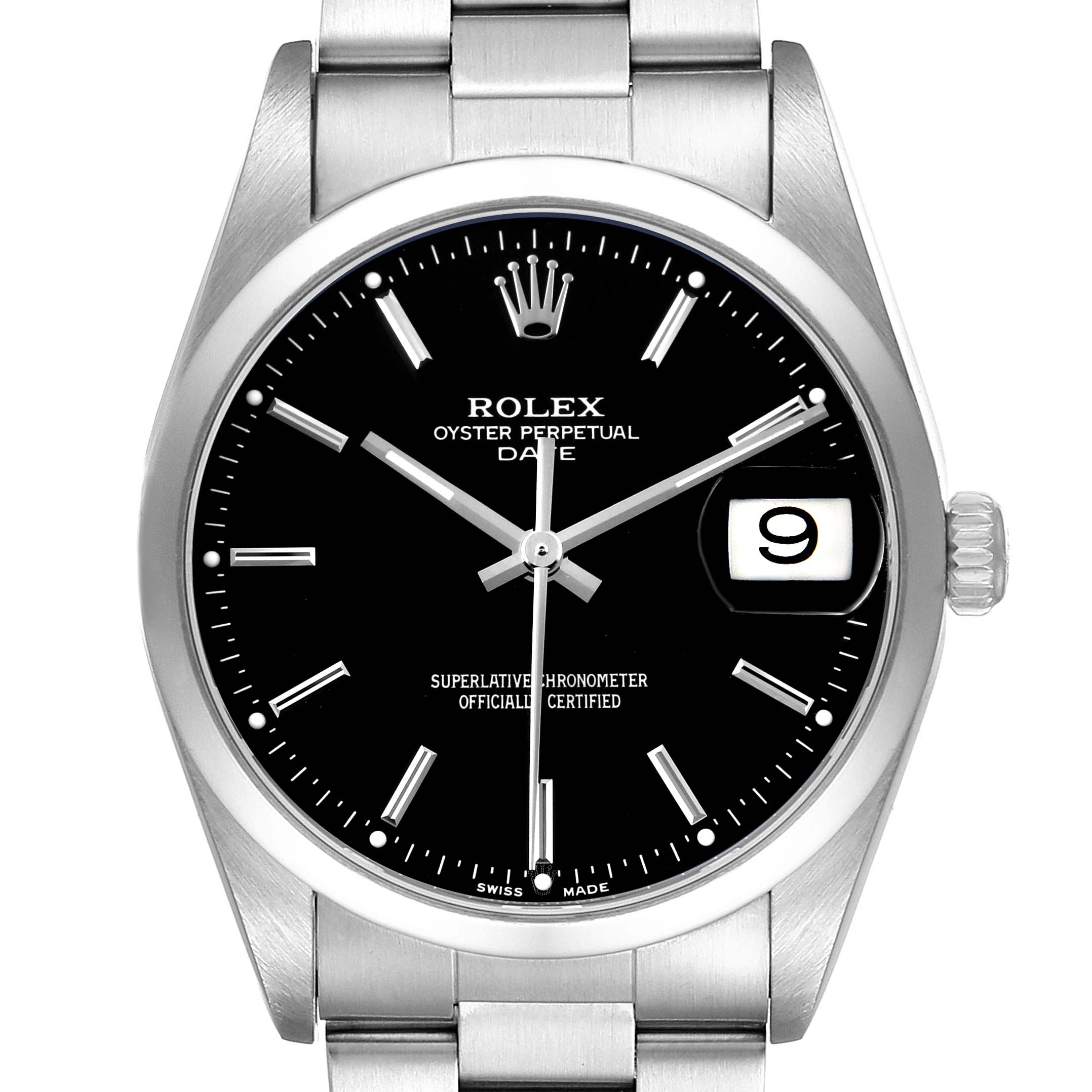 The Rolex Date 15200 Men's Stainless Steel Black Dial watch is shown from the front, highlighting the dial, bezel, and part of the bracelet.
