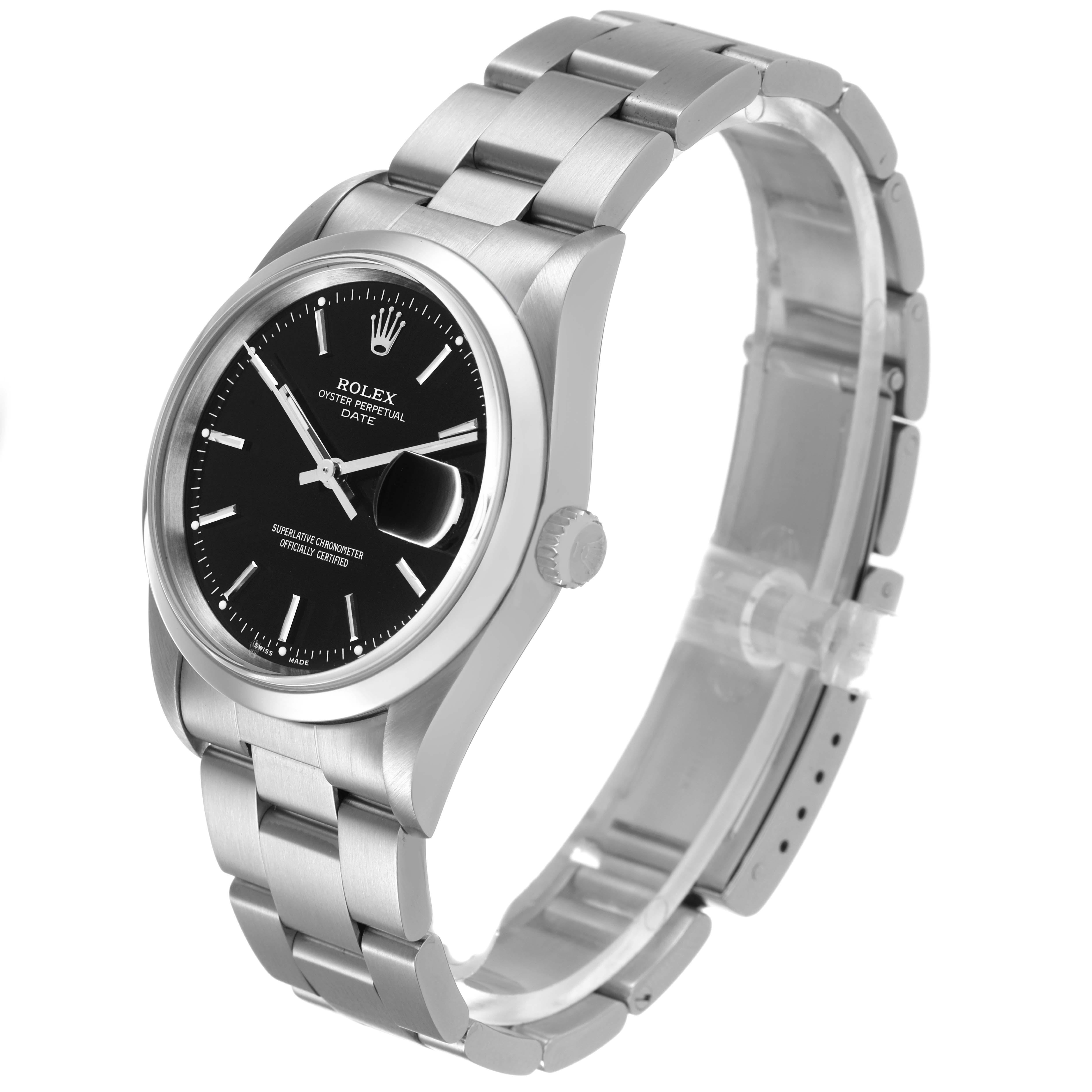 The Rolex Date 15200 Men's Stainless Steel Black Dial model is shown at a front-left angle, highlighting the face, bezel, crown, and bracelet.