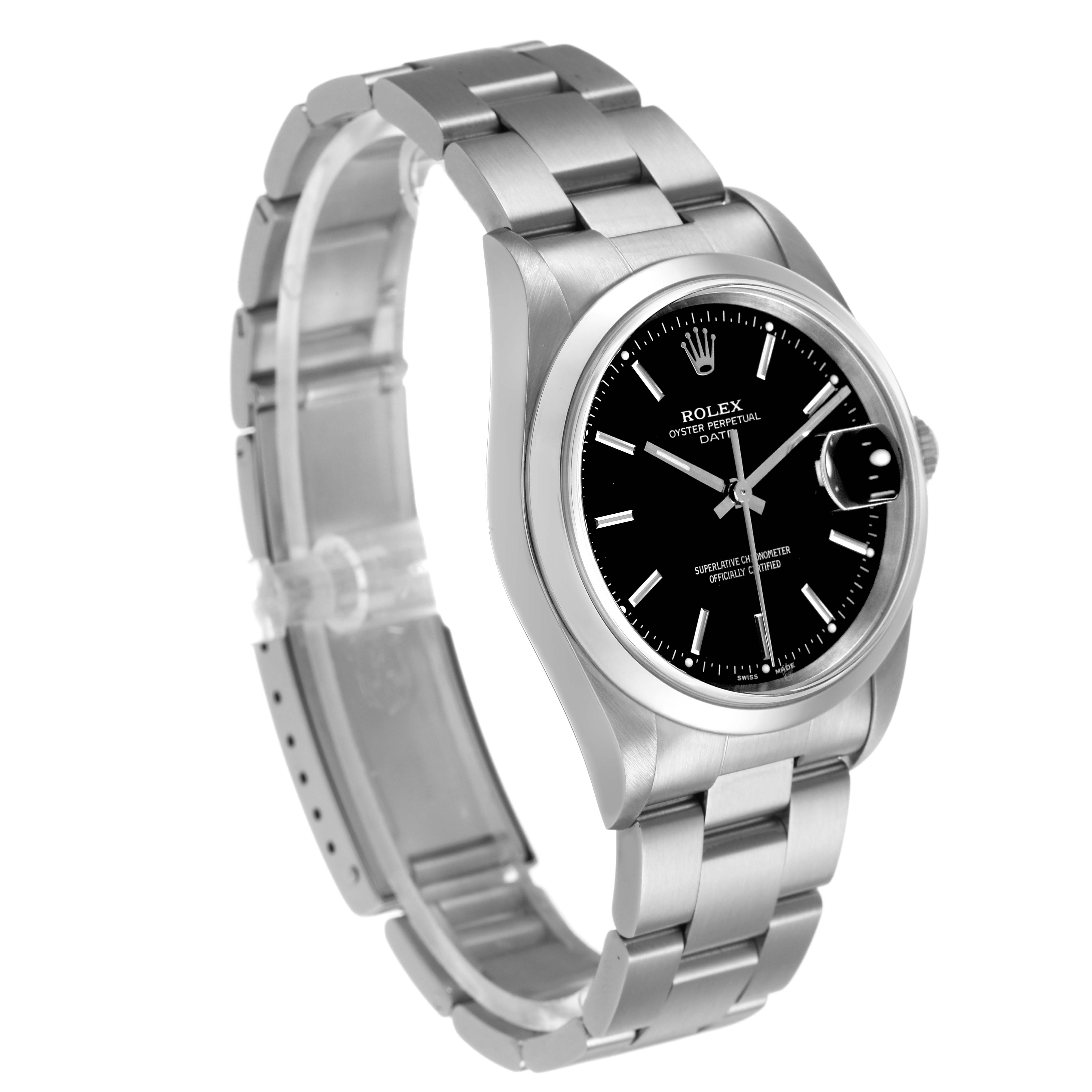 The Rolex Date 15200 Men's Stainless Steel Black Dial watch is shown at a three-quarter angle, highlighting the black dial, cyclops lens, and stainless steel bracelet.