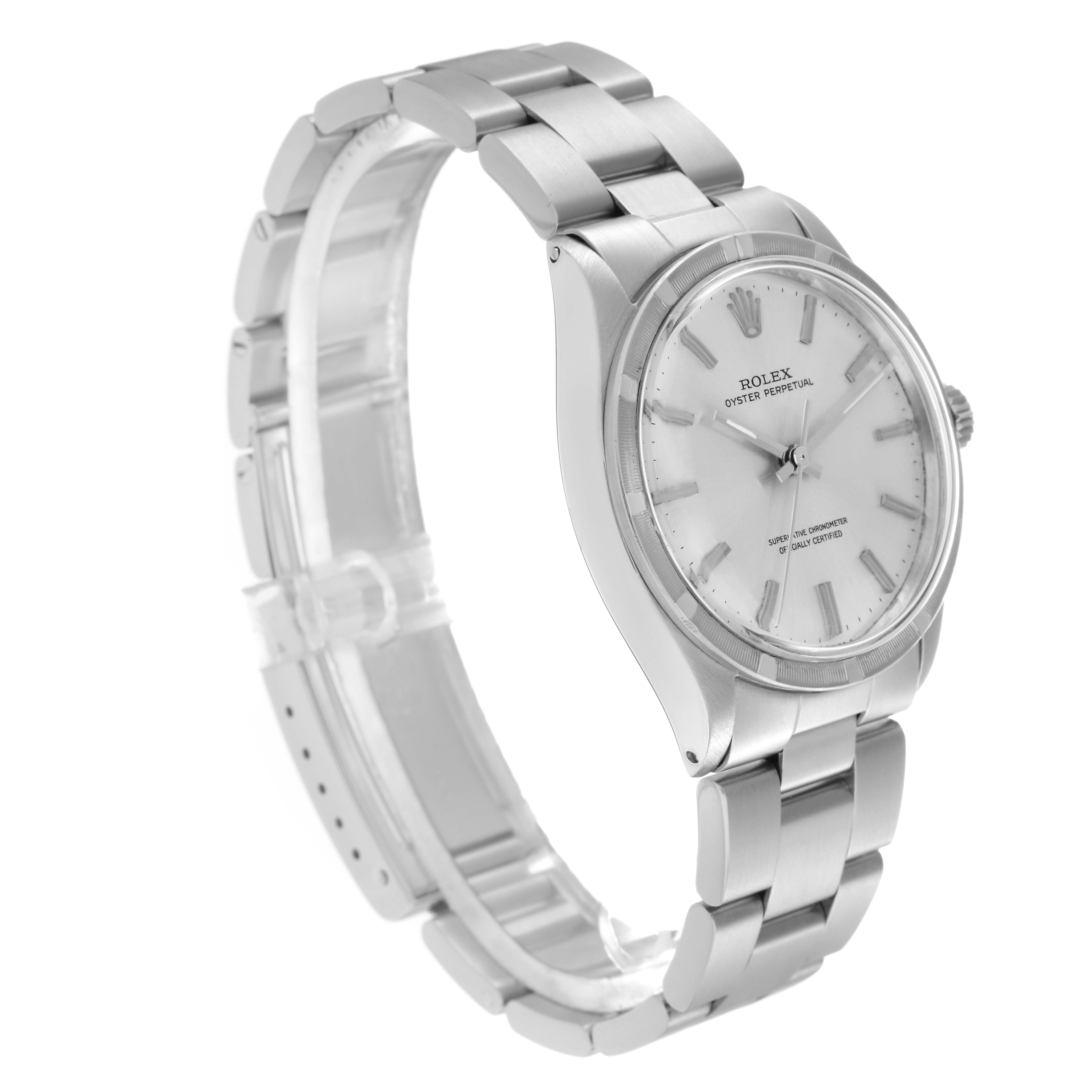 The Rolex Oyster Perpetual 1007 Men
s Stainless Steel Silver Dial 1007 Men
s Stainless Steel Silver Dial watch is shown at a slight angle, highlighting the dial, bracelet, and case.