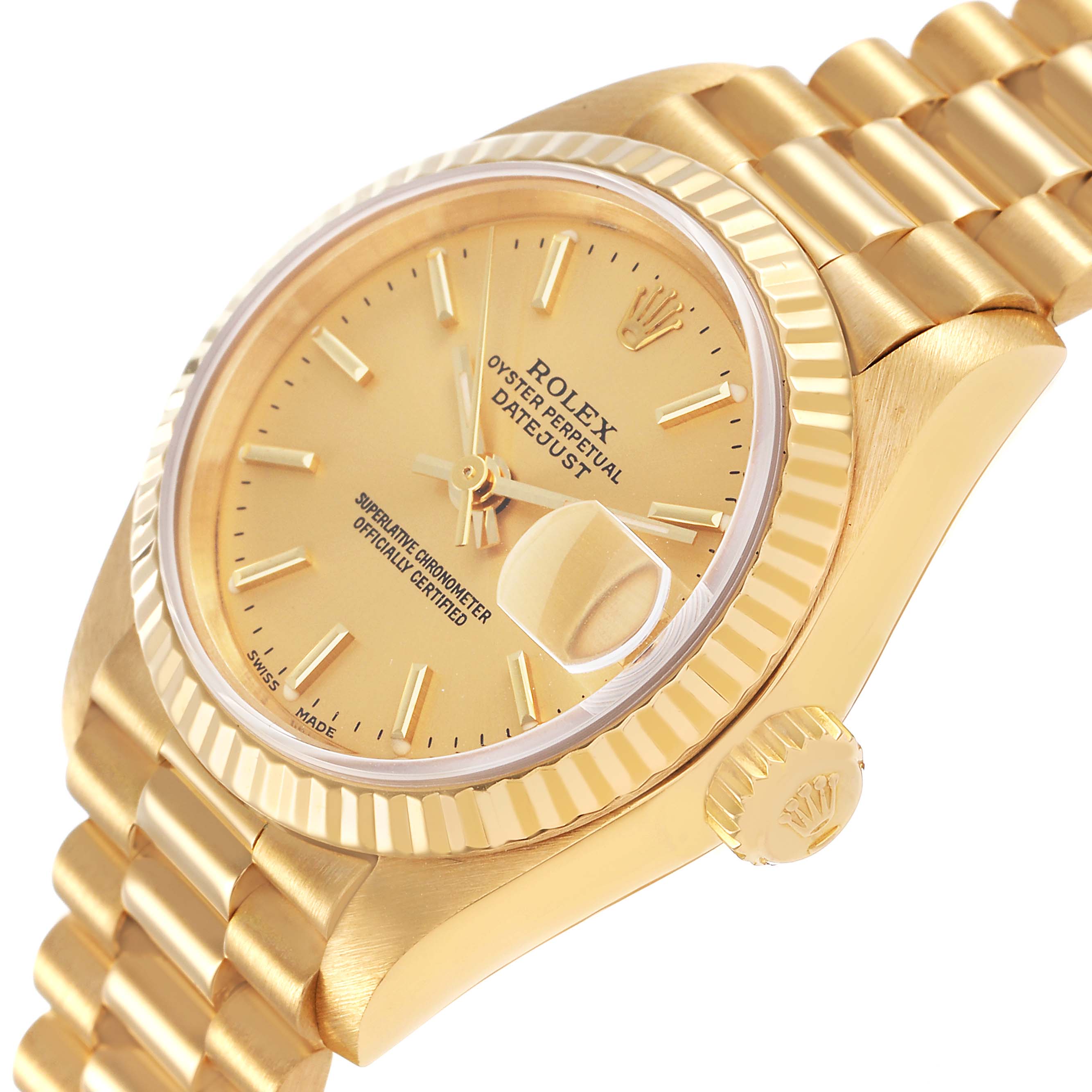 The Rolex President 69178 Women's Yellow Gold Champagne Dial watch is shown at an oblique angle, highlighting the gold dial, fluted bezel, and bracelet.