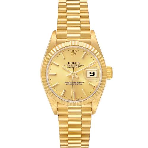 The Rolex President 69178 Women's Yellow Gold Champagne Dial model is shown from a top-down angle, displaying the dial, fluted bezel, and bracelet.