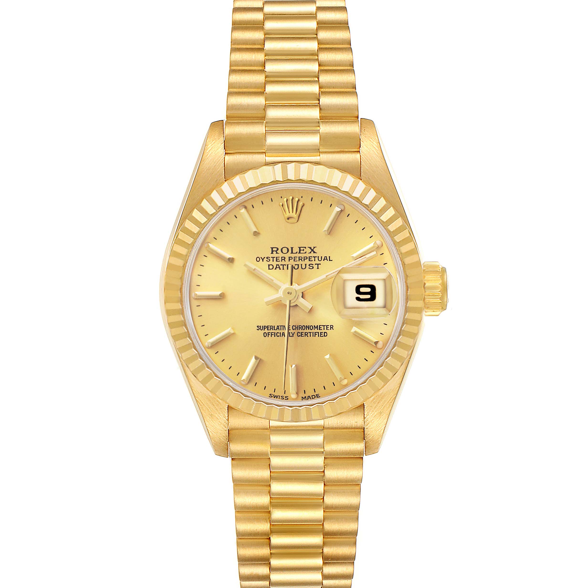 The Rolex President 69178 Women's Yellow Gold Champagne Dial model is shown from a top view, displaying the dial, fluted bezel, date window, and bracelet.