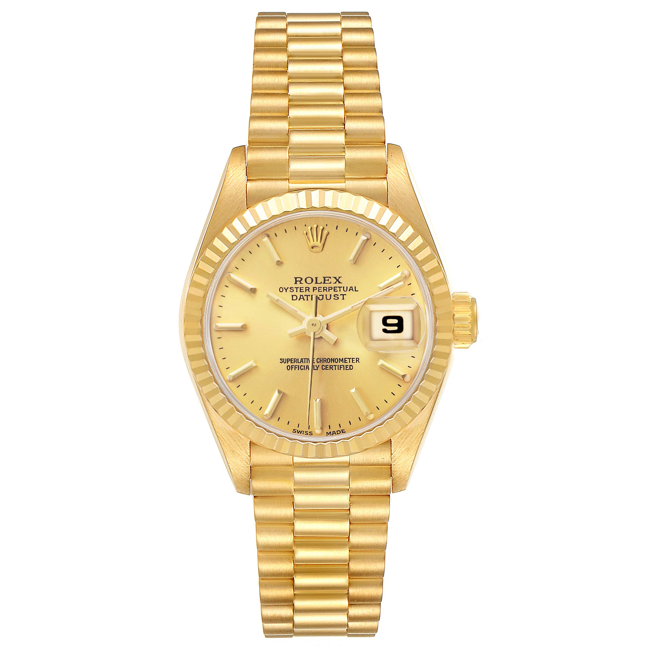 The Rolex President 69178 Women's Yellow Gold Champagne Dial model is shown from a front angle, displaying the dial, fluted bezel, bracelet, and date window.