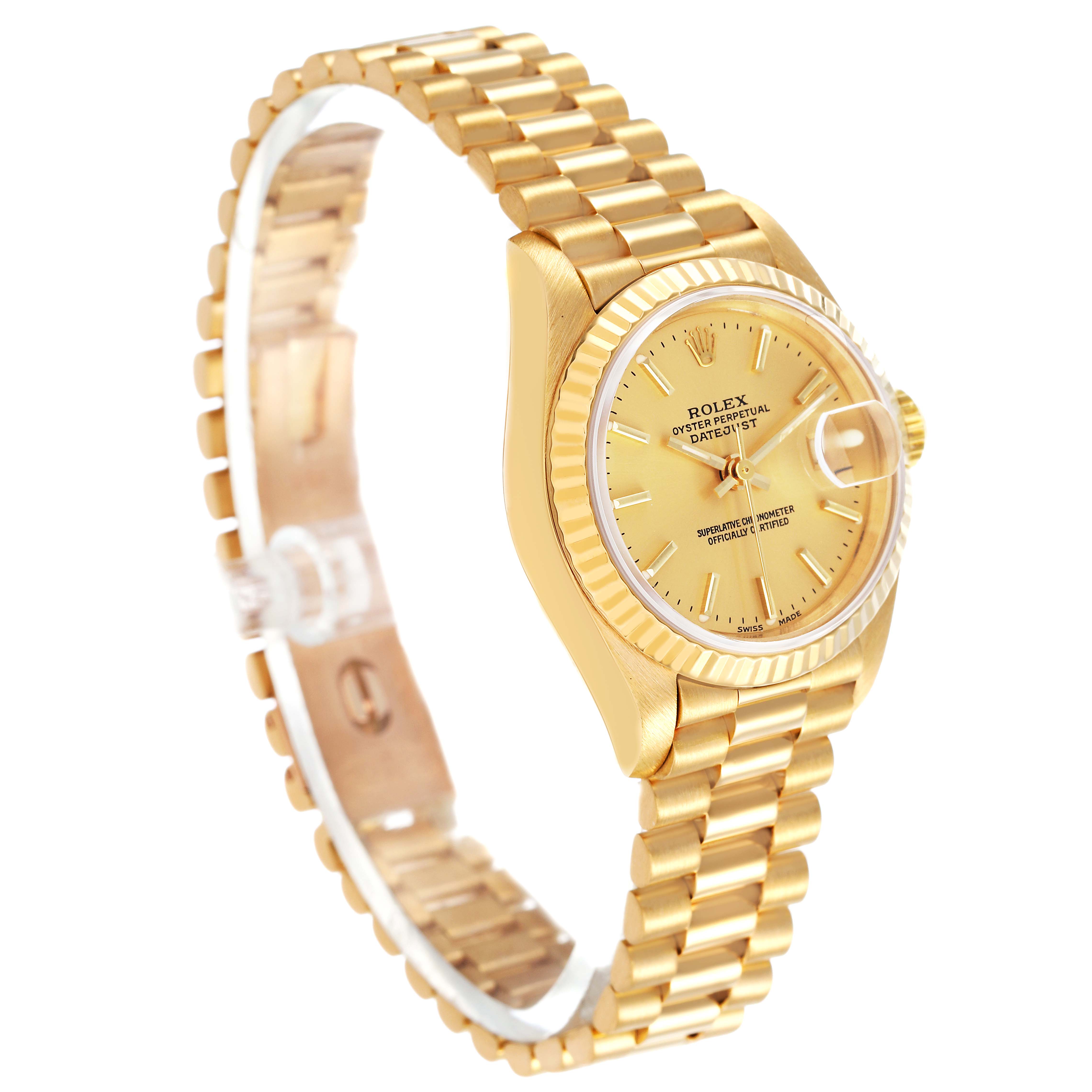 The image shows a side view of the Rolex President 69178 Women's Yellow Gold Champagne Dial model, highlighting the gold bracelet, bezel, and dial.