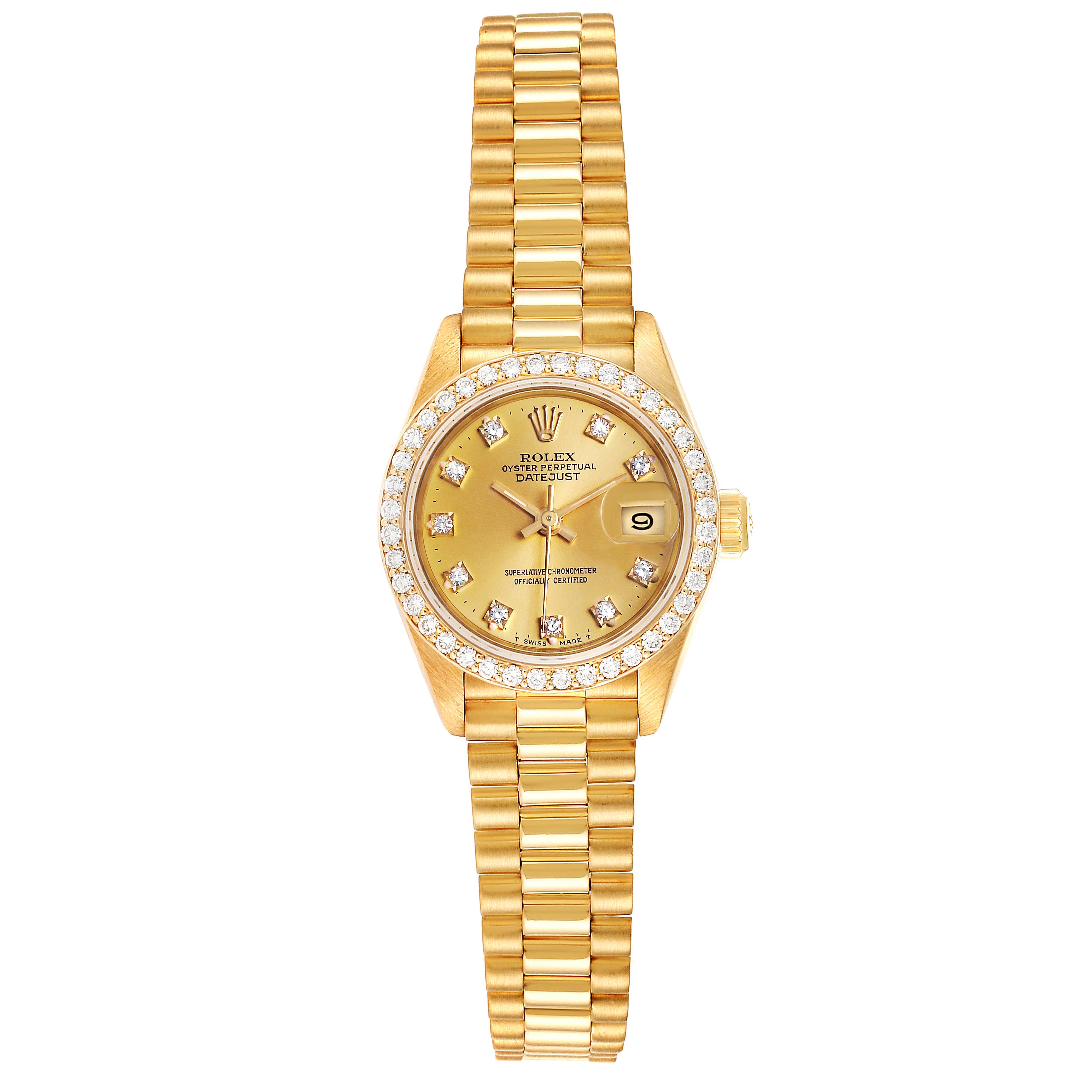 The image shows a frontal view of a Rolex President 69138 Women
s Yellow Gold Champagne Dial 69138 Women
s Yellow Gold Champagne Dial model watch, displaying its dial, bezel, case, and bracelet.
