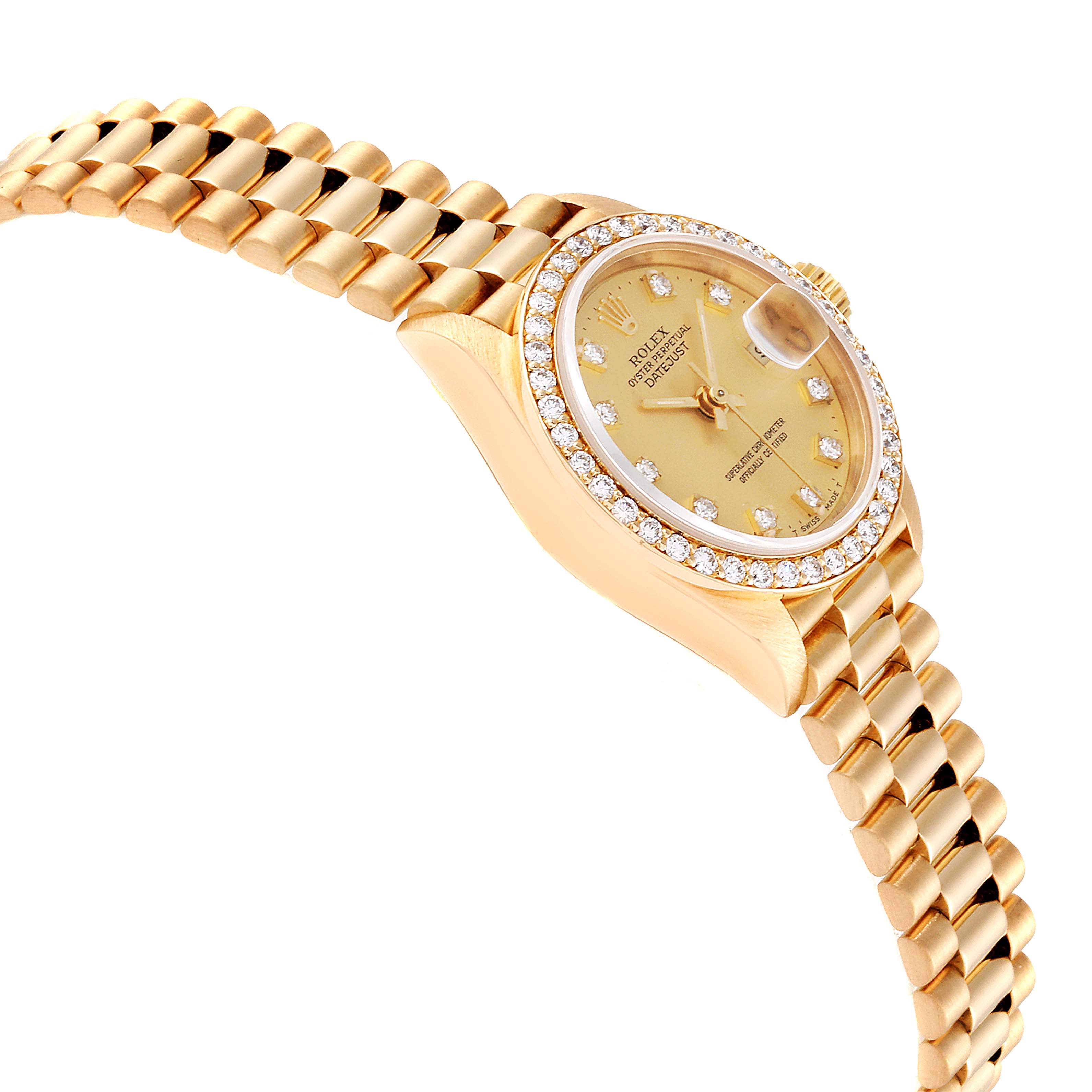 The Rolex President 69138 Women
s Yellow Gold Champagne Dial 69138 Women
s Yellow Gold Champagne Dial model watch is shown from an angled top-down perspective, highlighting the gold bracelet, bezel, and face.