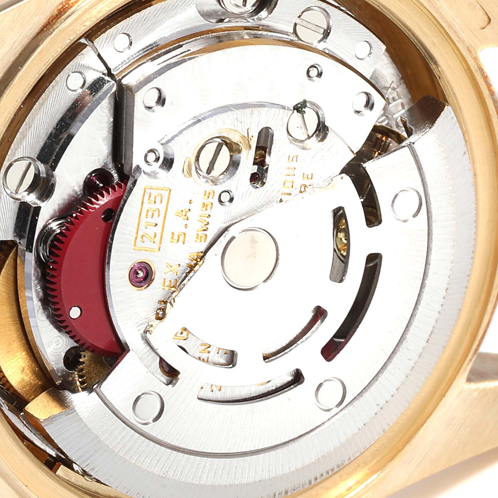 This is a close-up view of the movement mechanism inside a Rolex President 69138 Women
s Yellow Gold Champagne Dial 69138 Women
s Yellow Gold Champagne Dial model watch.