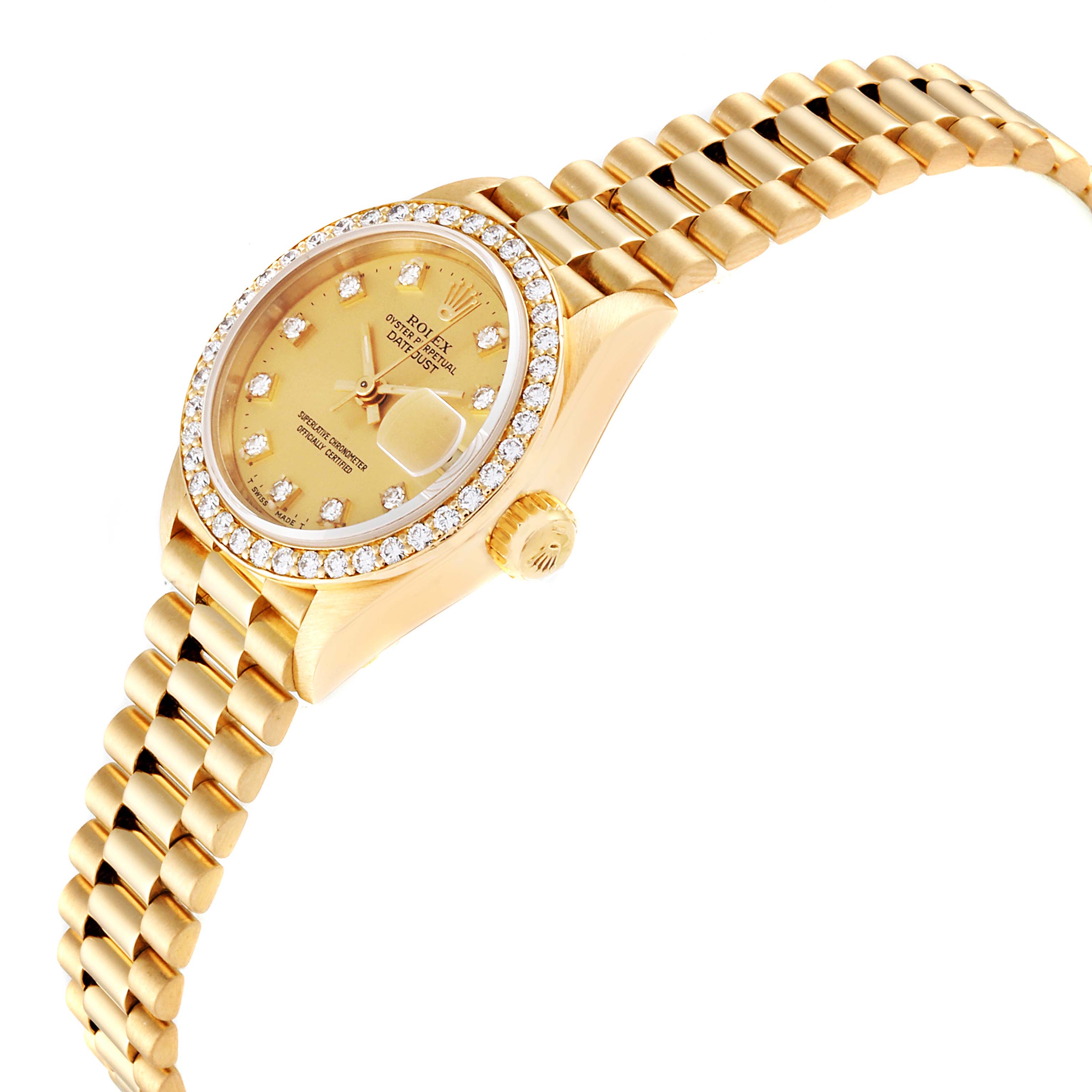 The Rolex President 69138 Women
s Yellow Gold Champagne Dial 69138 Women
s Yellow Gold Champagne Dial model watch is shown at a three-quarter angle, highlighting its gold case, diamond bezel, and bracelet.