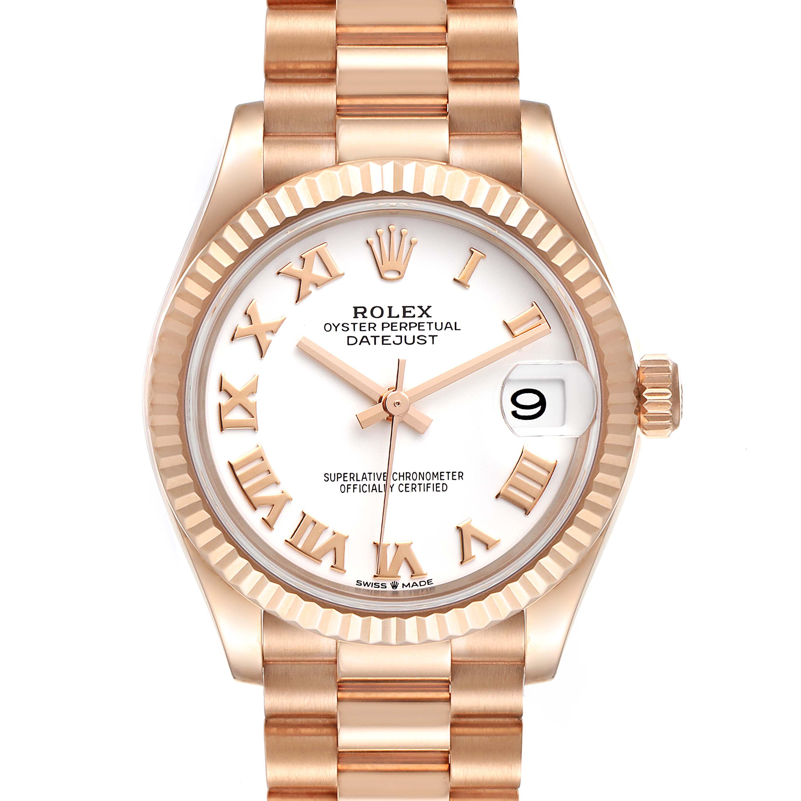 This image shows a front view of the Rolex President 278275 Women's Rose Gold White Dial 278275 Women's Rose Gold White Dial model Datejust watch, highlighting the face, bezel, and bracelet.