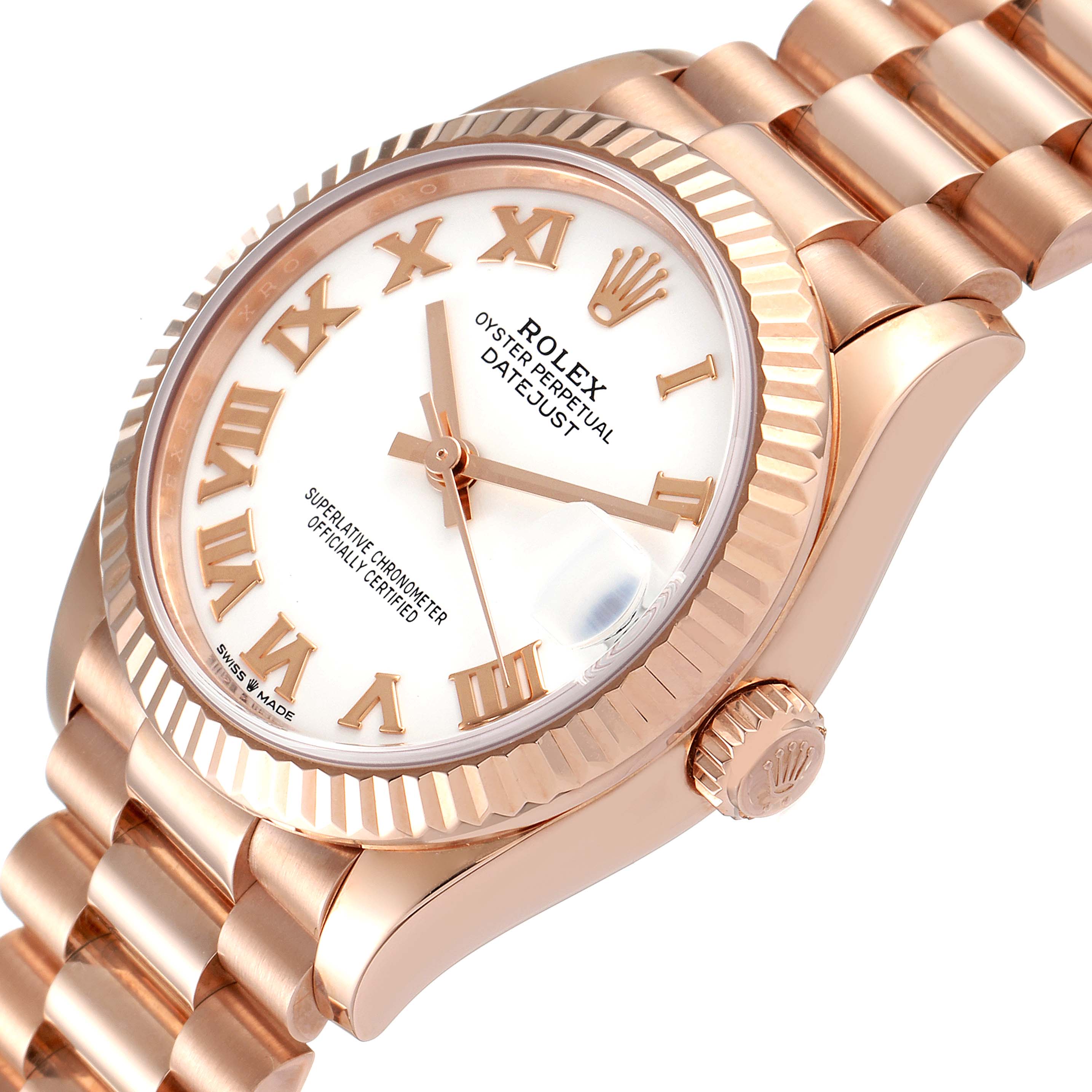 This image shows a close-up angled view of the Rolex President 278275 Women's Rose Gold White Dial 278275 Women's Rose Gold White Dial model, highlighting the face, bezel, and bracelet.