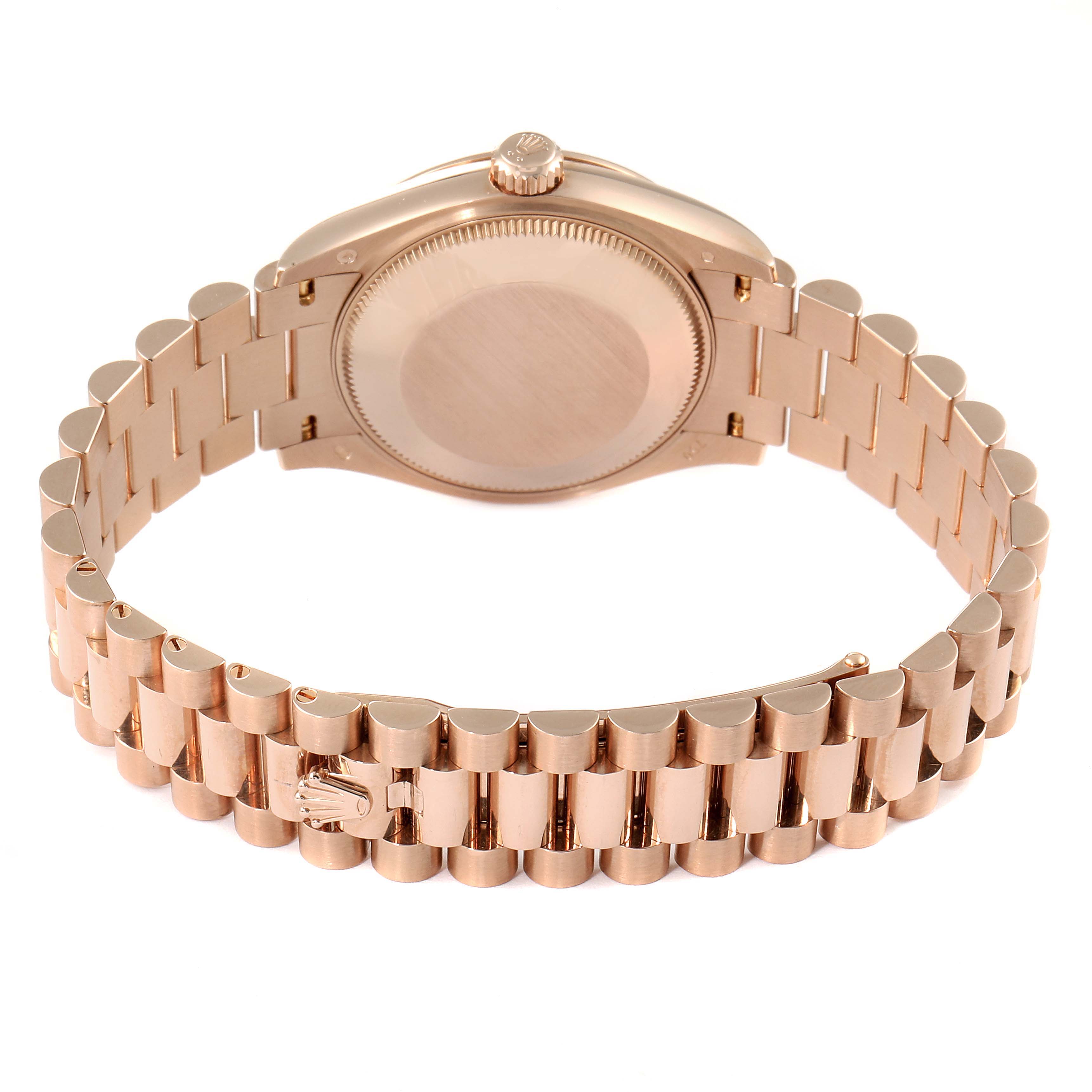This image shows the backside and bracelet of the Rolex President 278275 Women's Rose Gold White Dial 278275 Women's Rose Gold White Dial model watch, highlighting the clasp and crown.