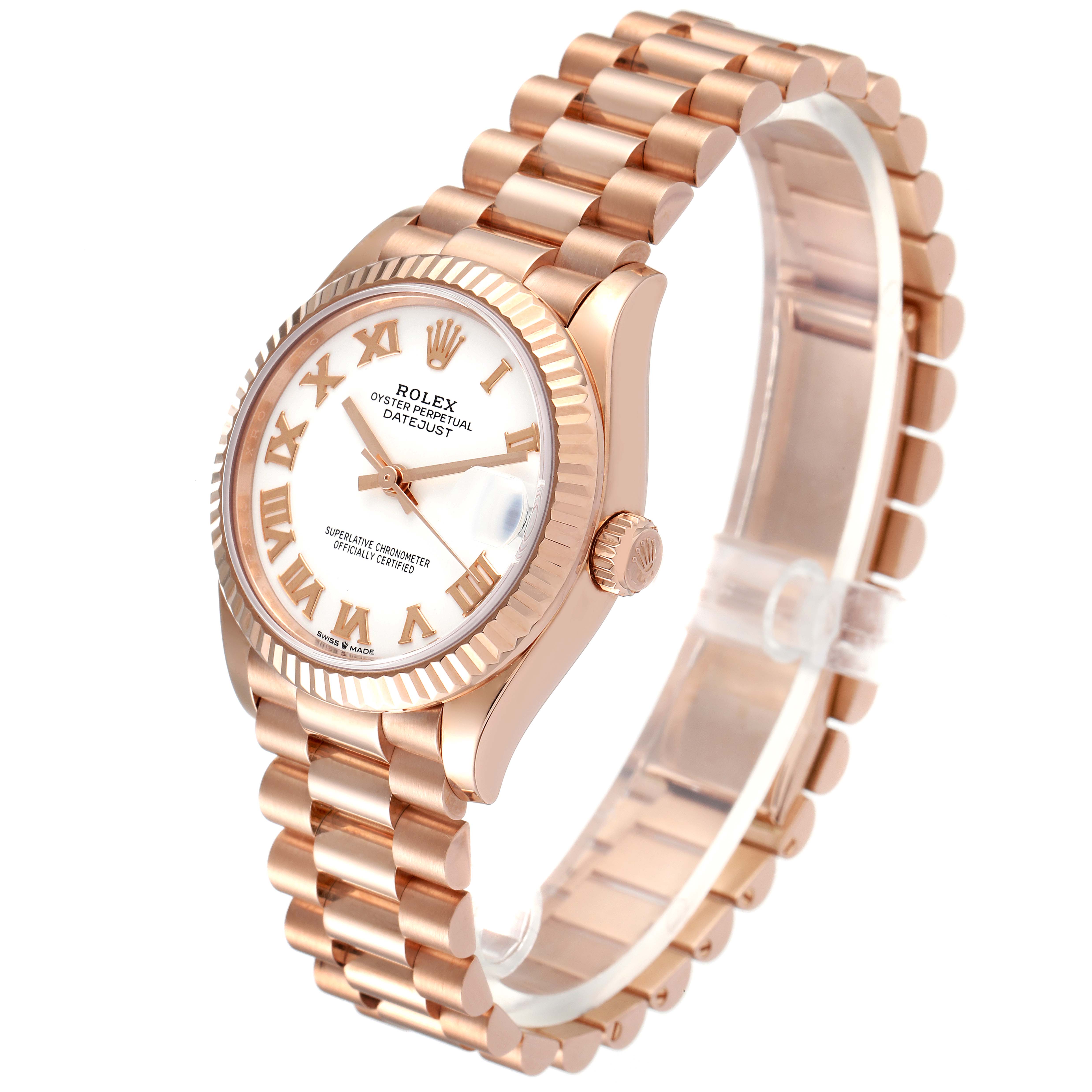 The Rolex President 278275 Women's Rose Gold White Dial 278275 Women's Rose Gold White Dial model watch is shown at a slightly angled side view, displaying its full face, bracelet, and crown.