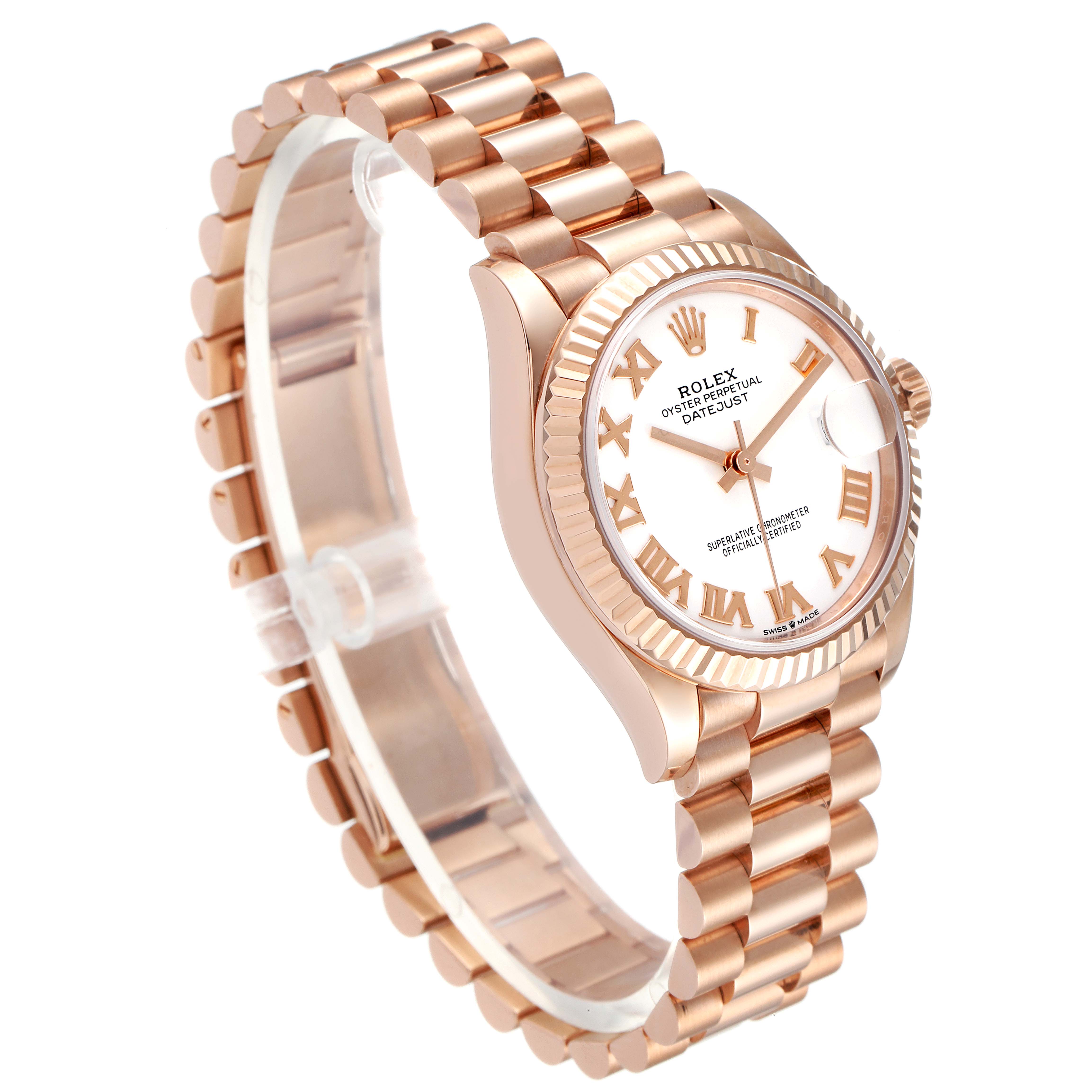 The Rolex President 278275 Women's Rose Gold White Dial 278275 Women's Rose Gold White Dial model watch is shown at an angle highlighting the face, bezel, fluted bezel, bracelet, and clasp.