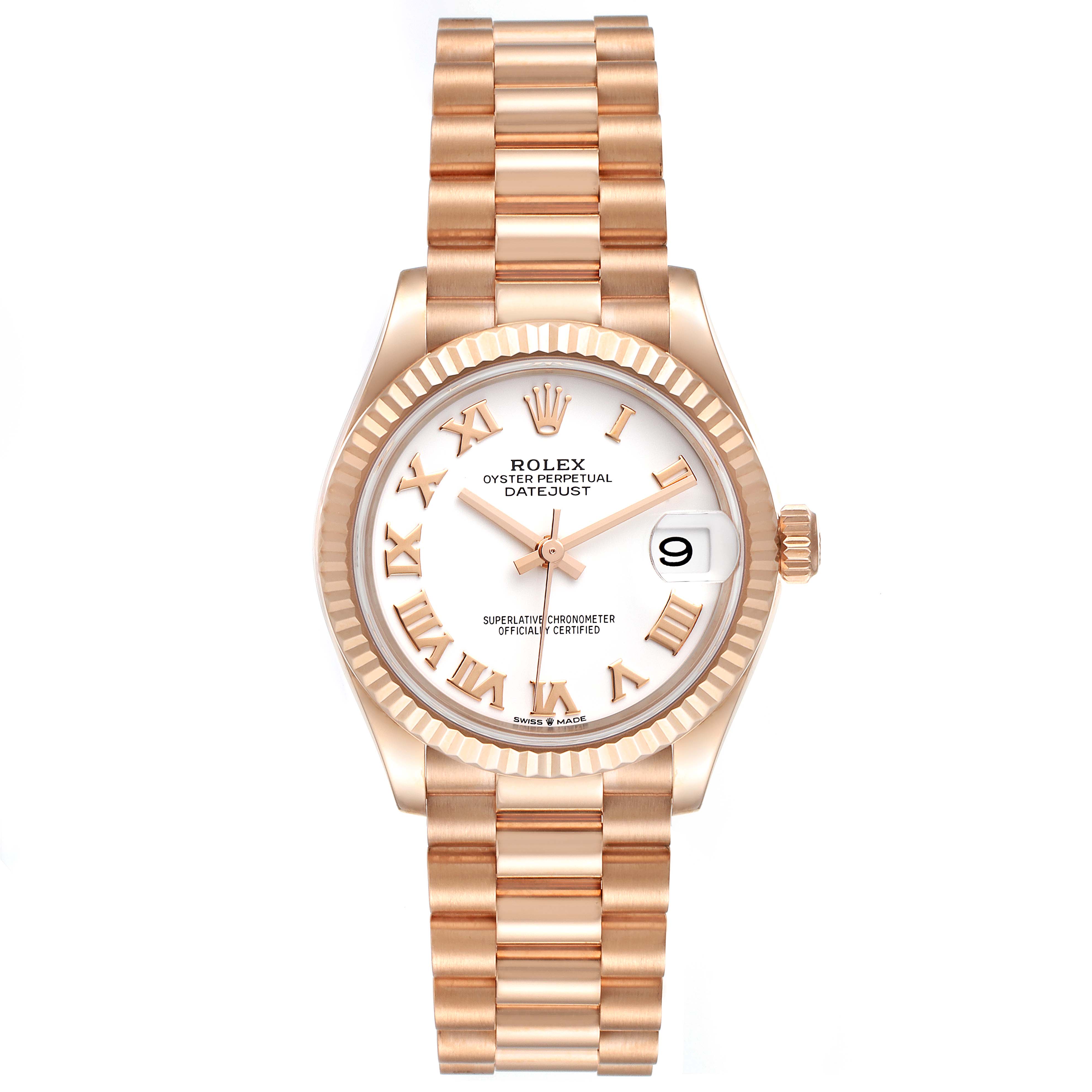 The image shows a front view of a Rolex President 278275 Women's Rose Gold White Dial 278275 Women's Rose Gold White Dial model watch, displaying the face, bracelet, and fluted bezel.
