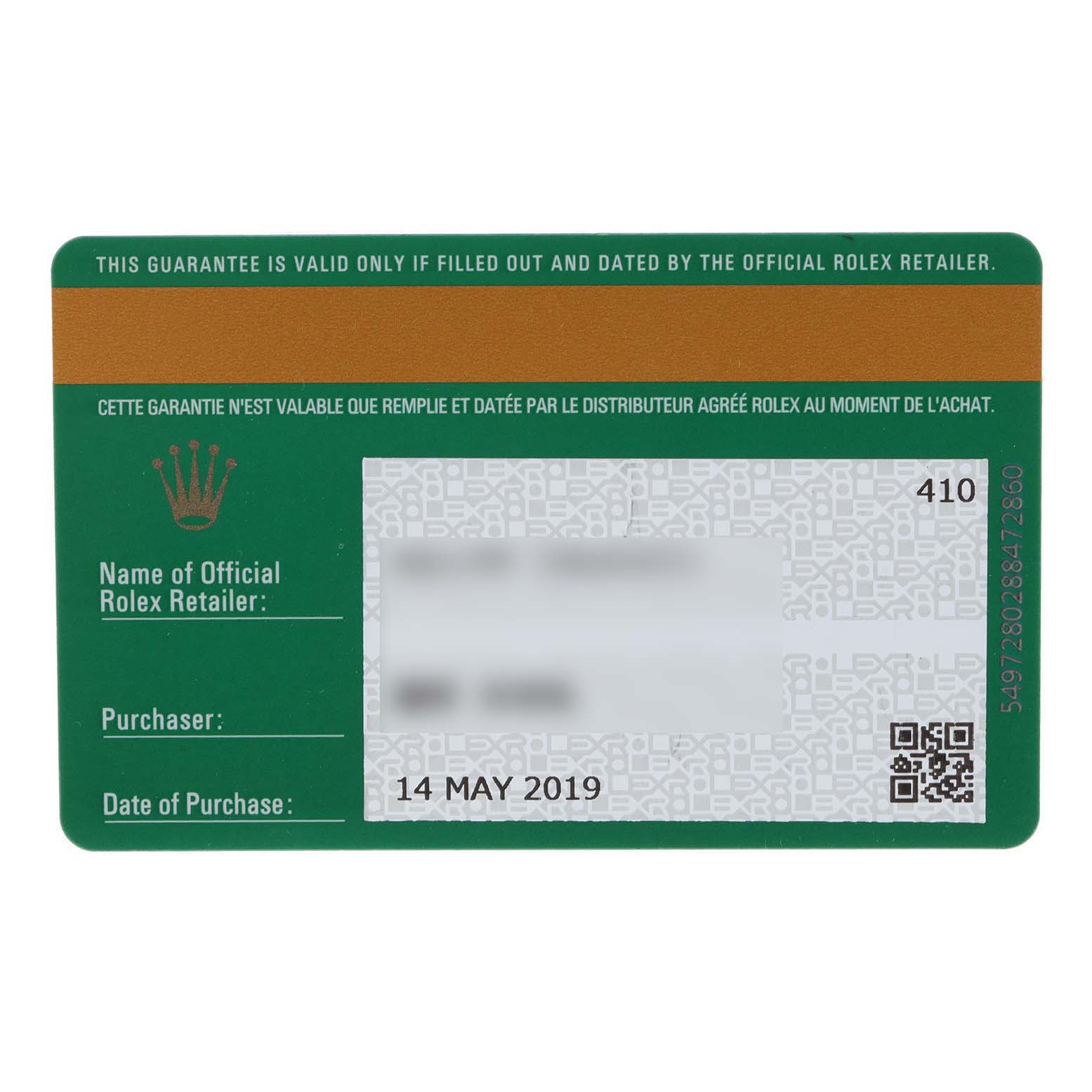 This image shows a warranty card for the Rolex President 278275 Women's Rose Gold White Dial 278275 Women's Rose Gold White Dial model watch, displaying details like retailer, purchaser, and date of purchase.