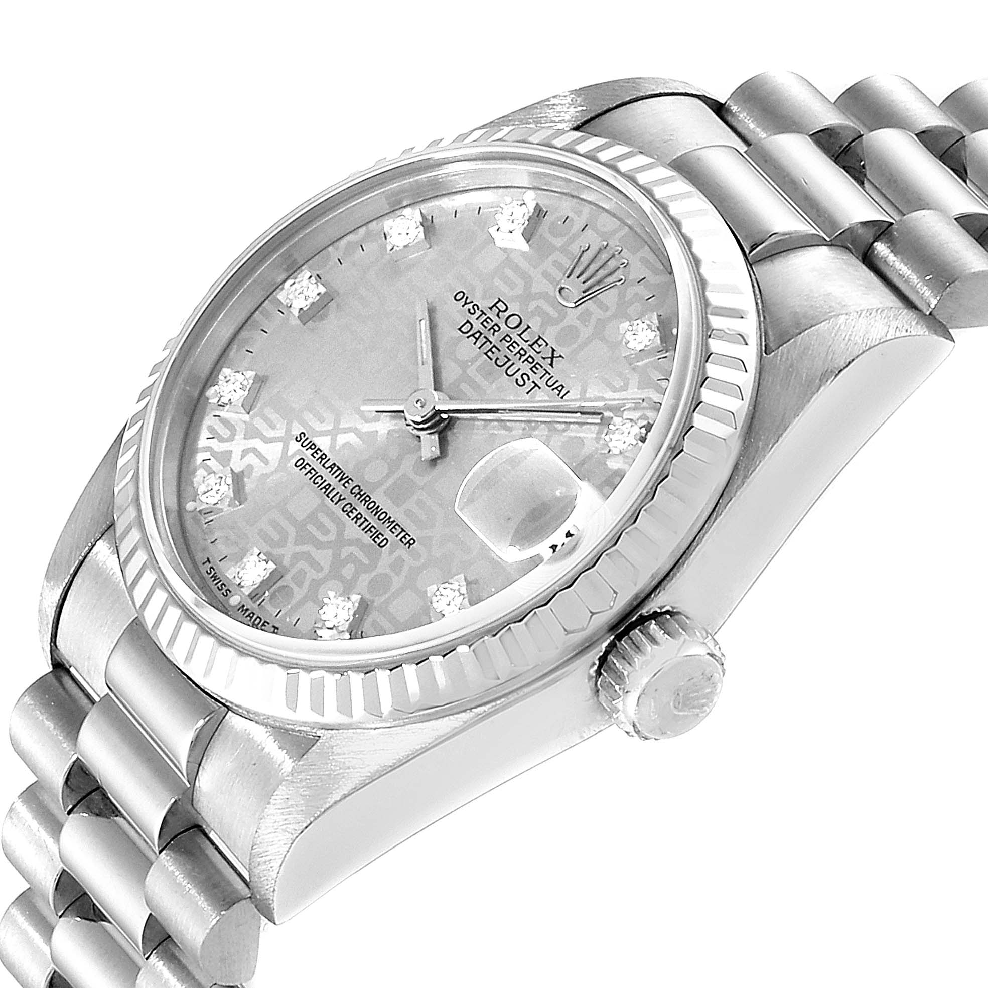 The image shows a close-up angled view of the Rolex President 68279 Women's White Gold Silver Dial 68279 Women's White Gold Silver Dial watch, highlighting the face, bezel, crown, and part of the bracelet.