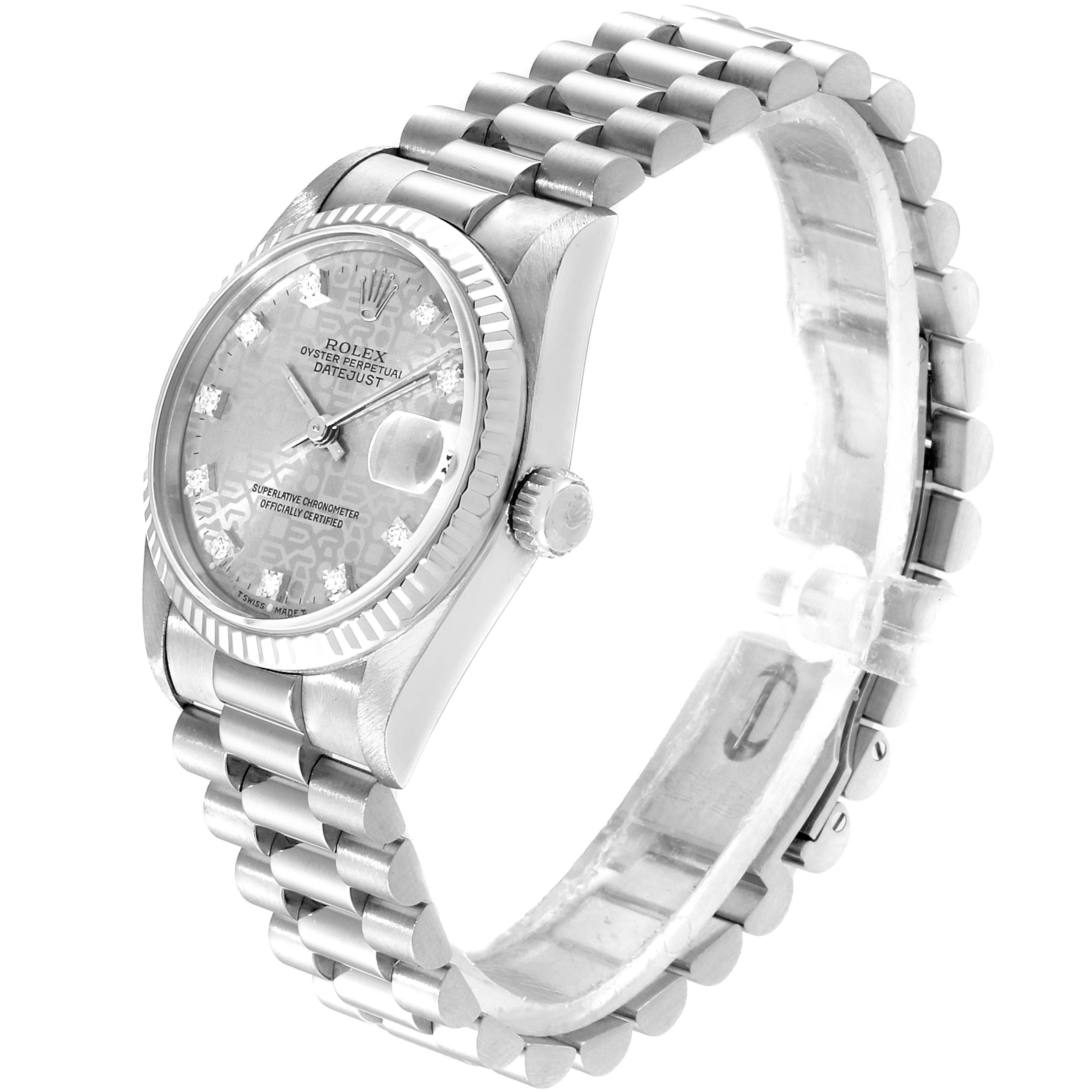 The Rolex President 68279 Women's White Gold Silver Dial 68279 Women's White Gold Silver Dial watch is shown at a slight angle highlighting its face, bezel, and bracelet.