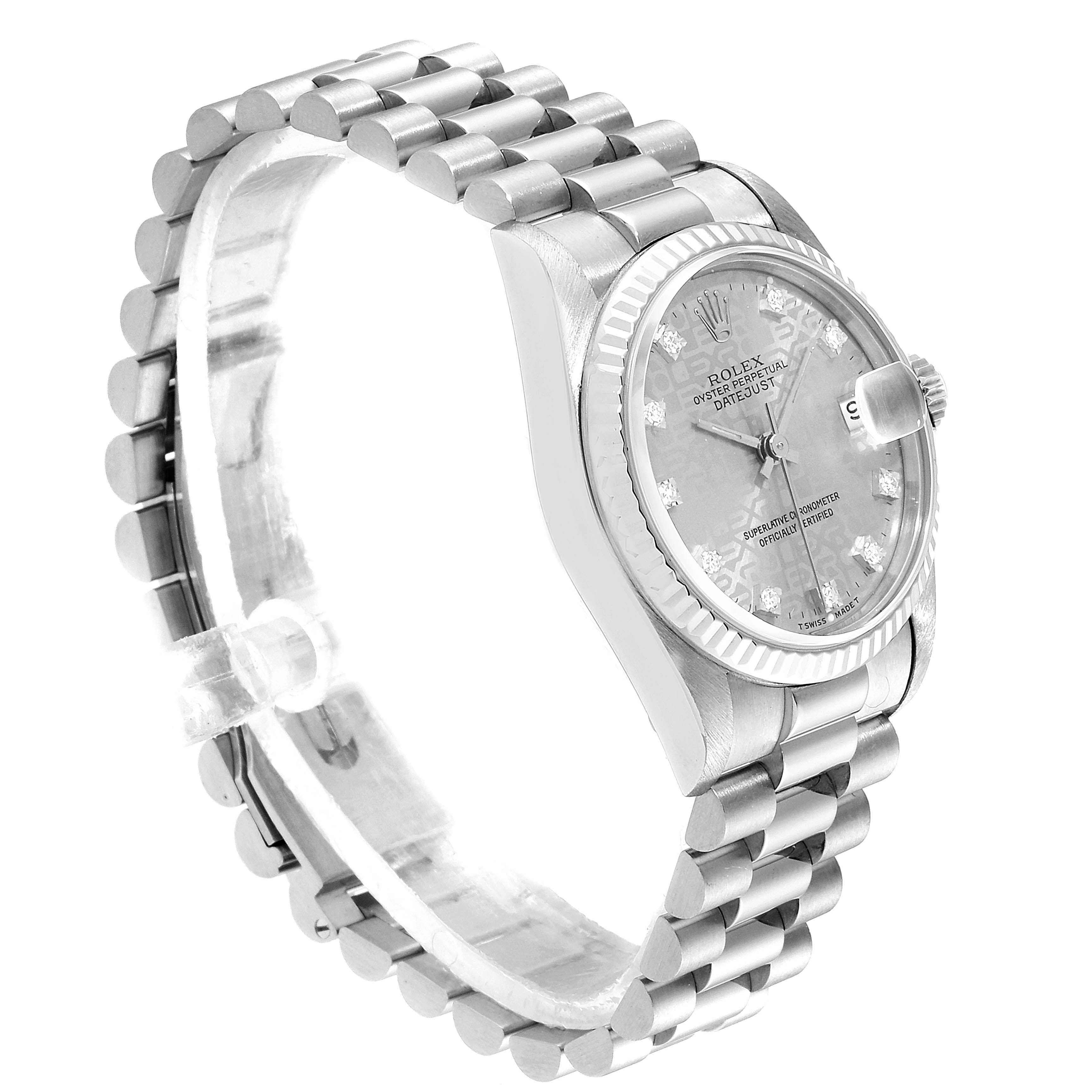 The angle showcases the side view of a Rolex President 68279 Women's White Gold Silver Dial 68279 Women's White Gold Silver Dial model, highlighting its bracelet, case, and dial.