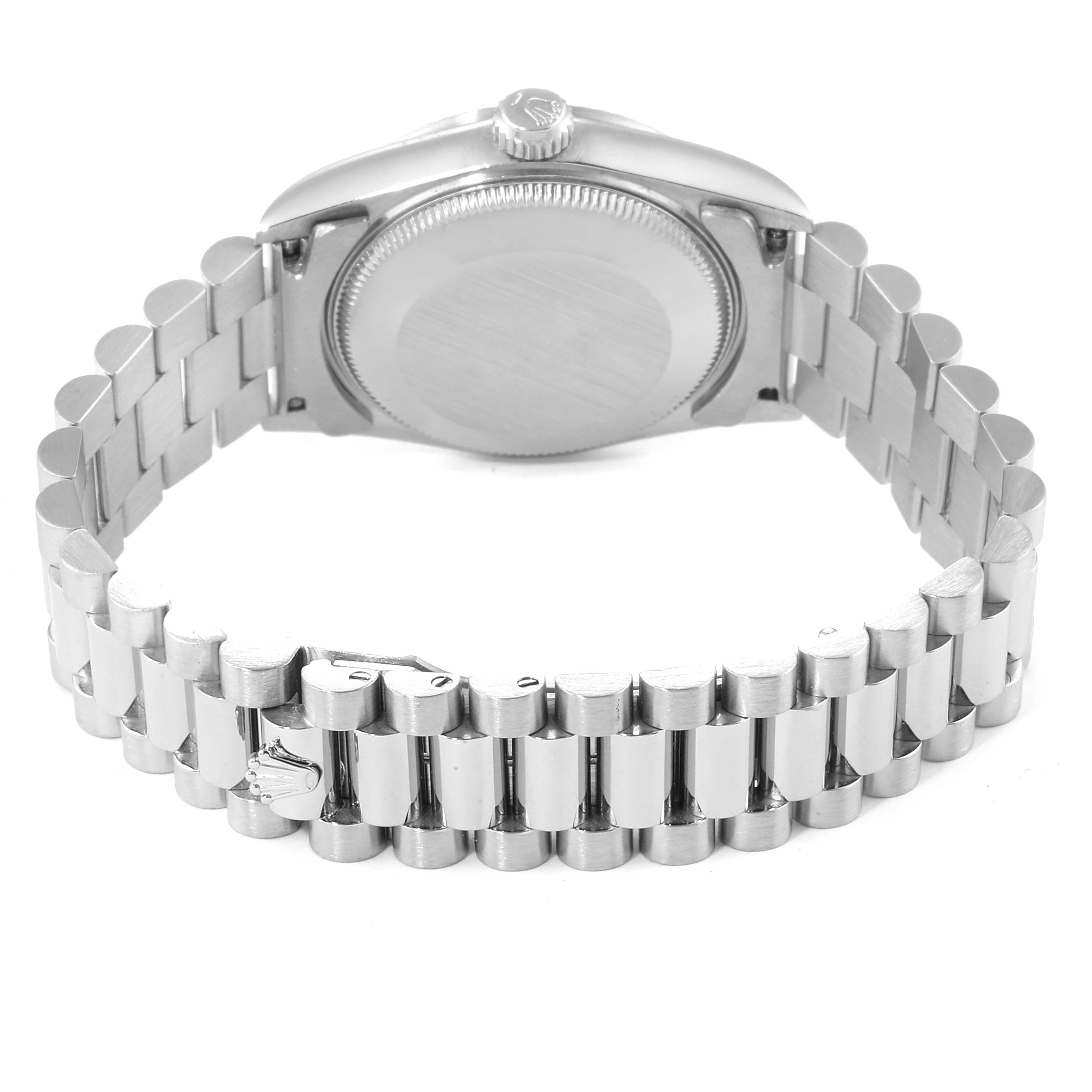 This image shows the backside and bracelet of a Rolex President 68279 Women's White Gold Silver Dial 68279 Women's White Gold Silver Dial model watch from a rear angle.