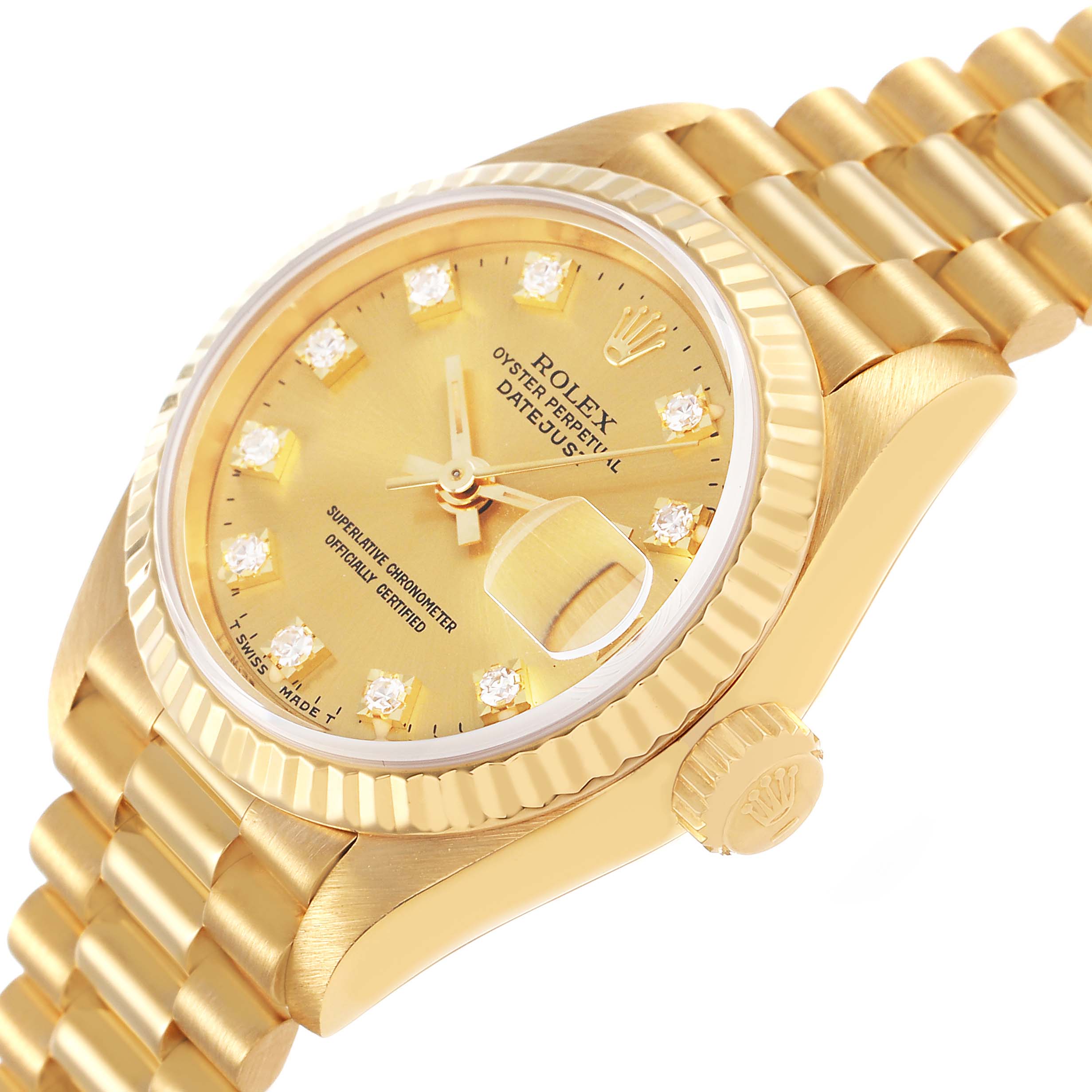 The Rolex President 69178 Women's Yellow Gold Champagne Dial model is shown at an angled side view, displaying the dial, bezel, crown, and band.