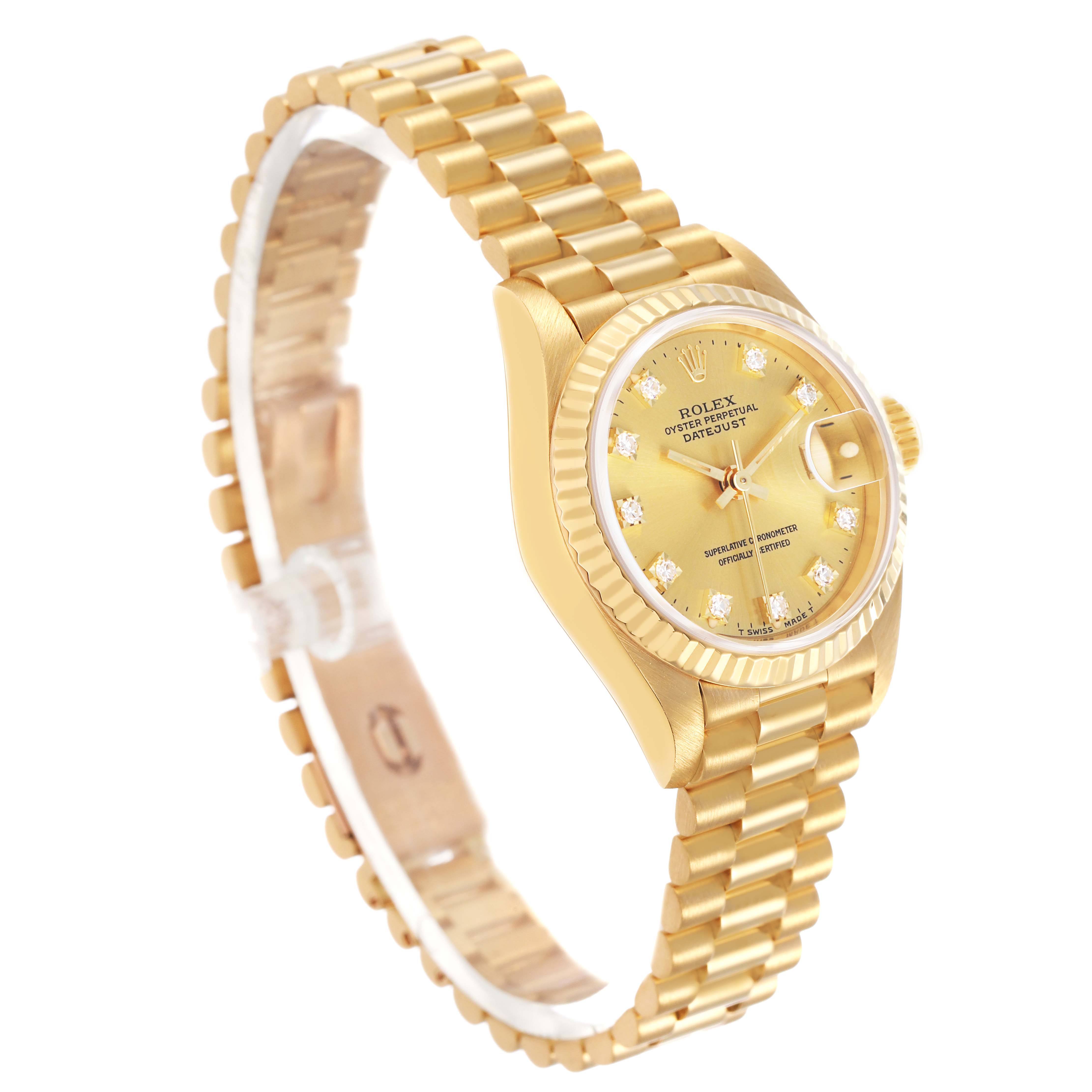 The Rolex President 69178 Women's Yellow Gold Champagne Dial model watch is shown at an angle displaying its gold bracelet, fluted bezel, and diamond hour markers.