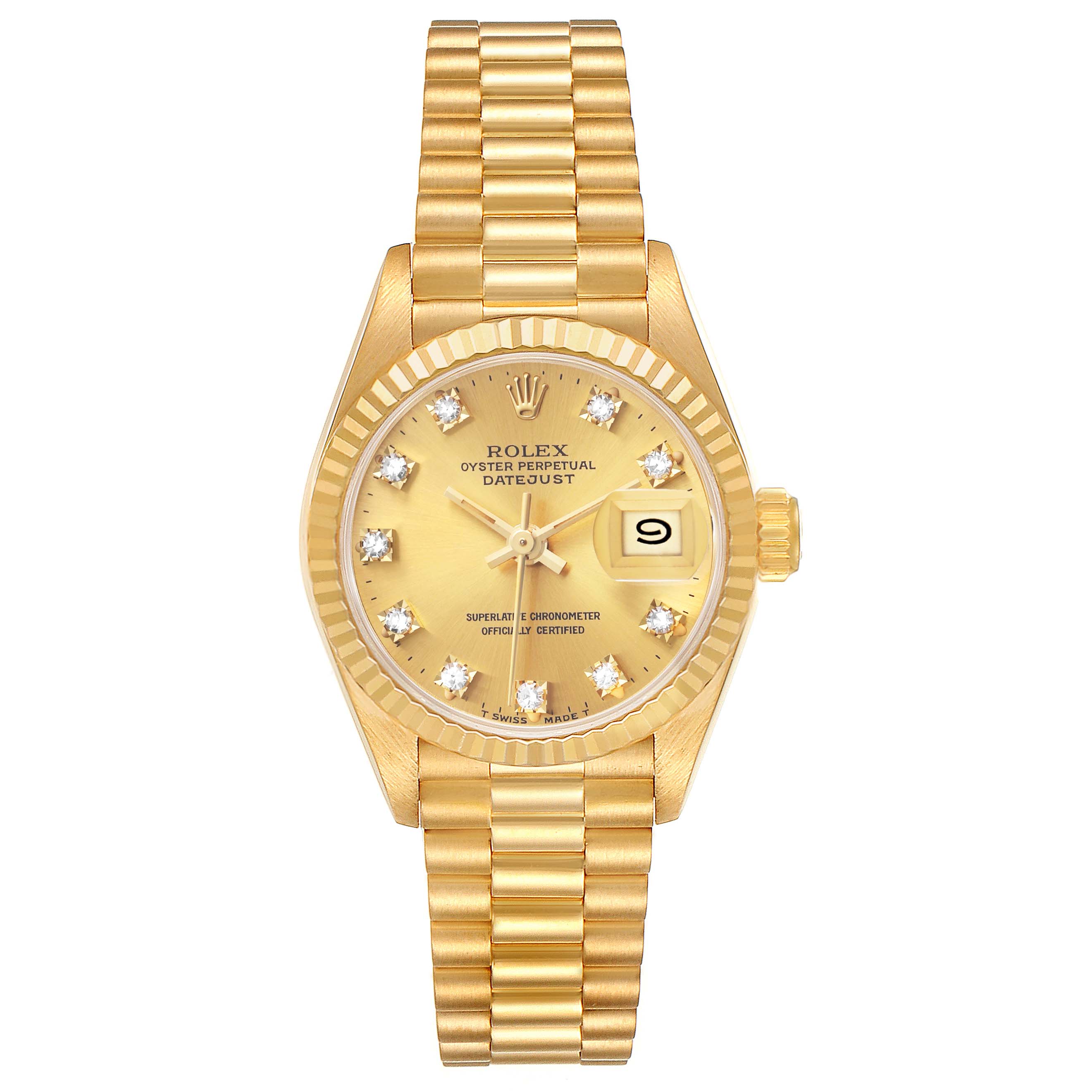 The Rolex President 69178 Women's Yellow Gold Champagne Dial model is shown from the front, highlighting the gold dial, diamond markers, fluted bezel, and the day-date feature.