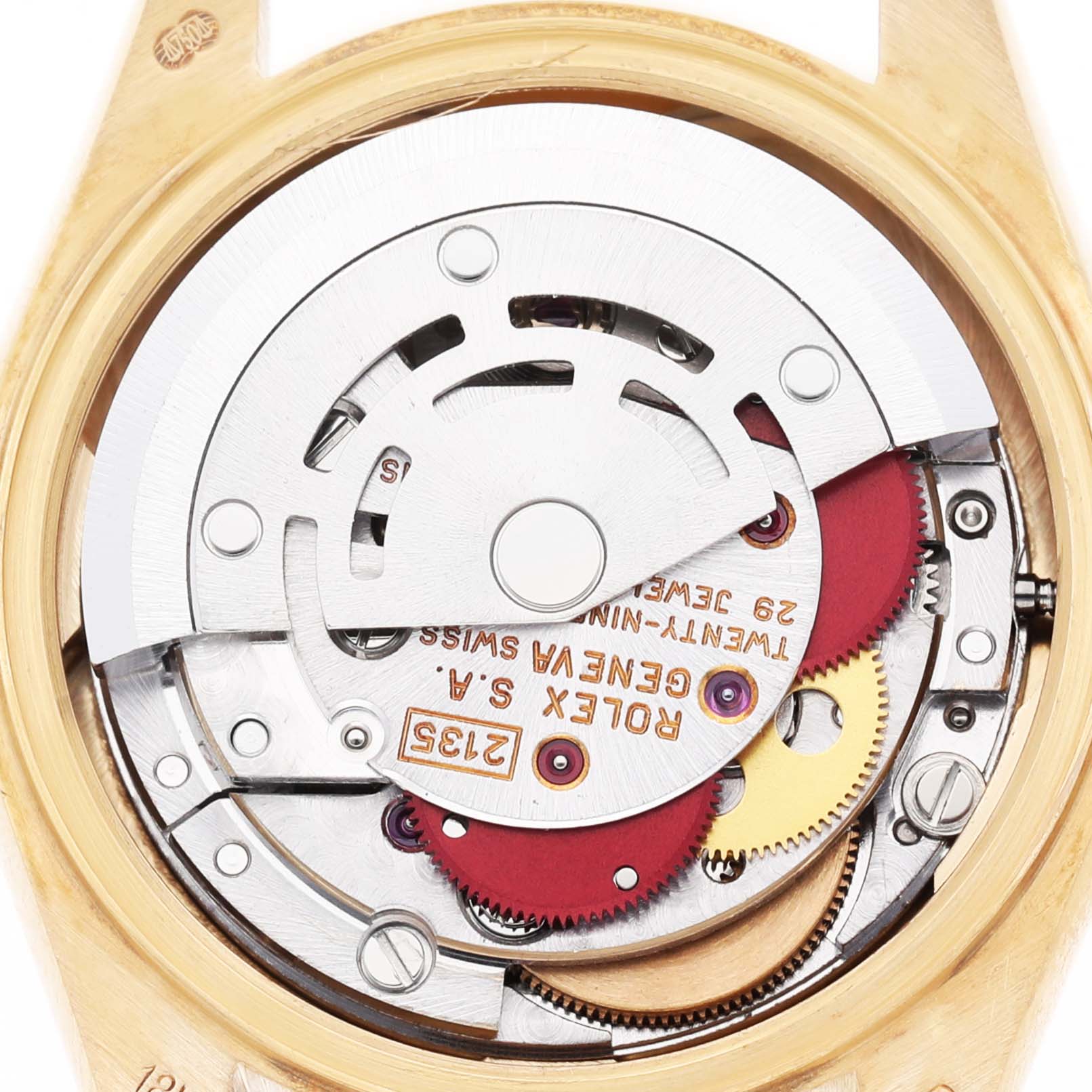The image shows the internal movement of a Rolex President 69178 Women's Yellow Gold Champagne Dial watch, highlighting the rotor and gear mechanism from the back.