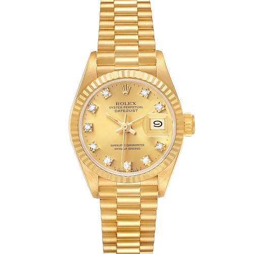 The Rolex President 69178 Women's Yellow Gold Champagne Dial model is shown from the front, highlighting the dial, bracelet, and date window.