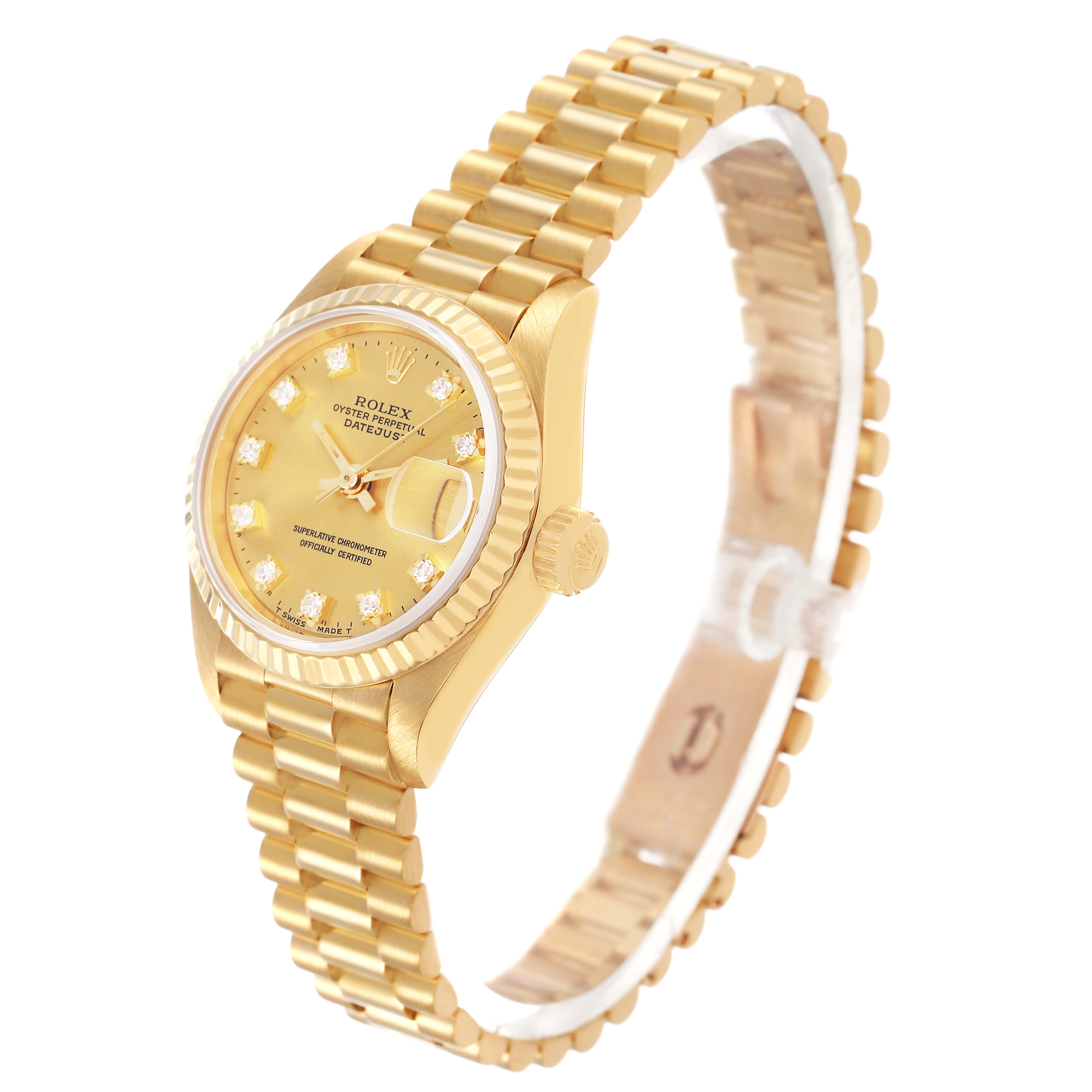 The Rolex President 69178 Women's Yellow Gold Champagne Dial watch is shown from a slight side angle, displaying the bracelet, dial, crown, and fluted bezel.