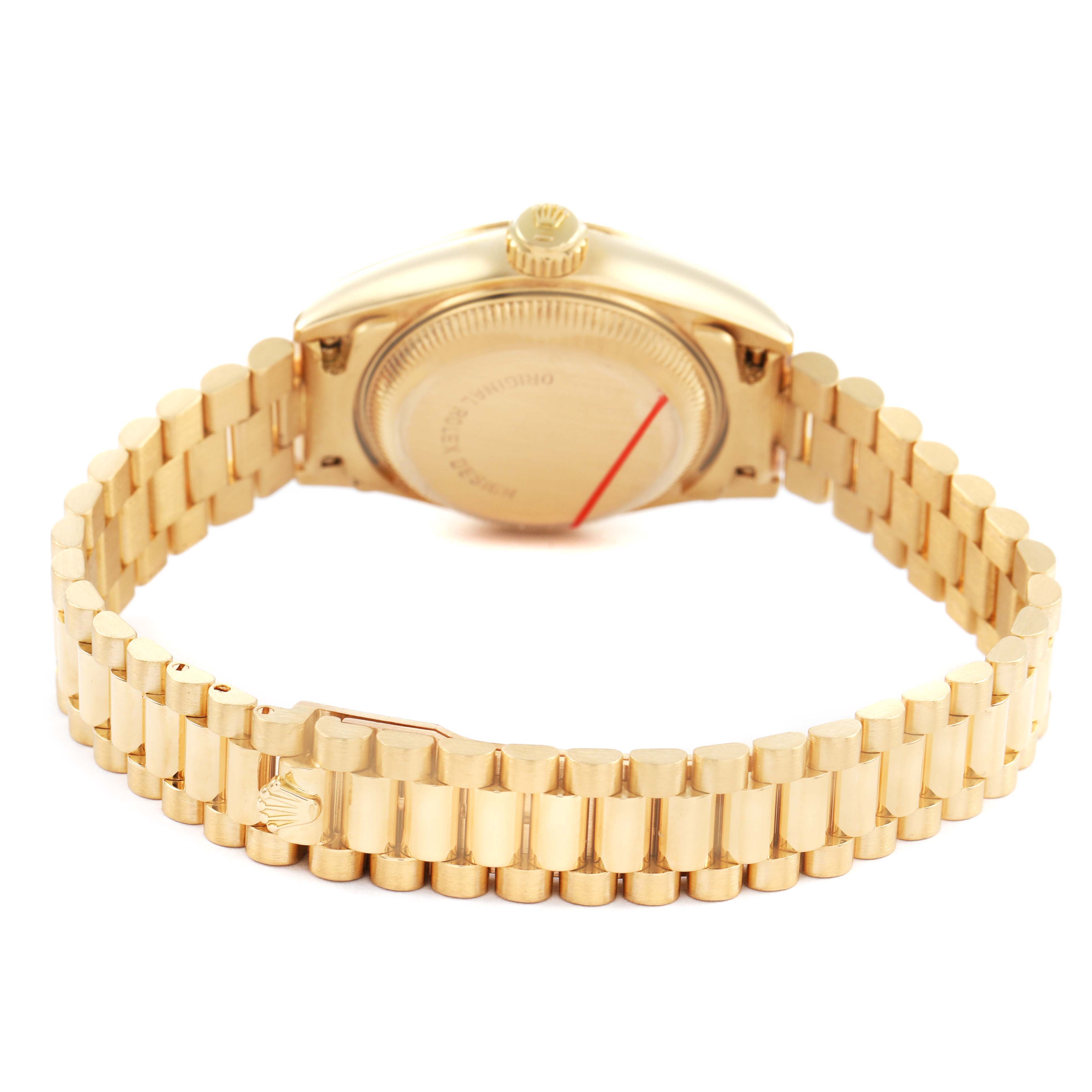 The image shows the back view of the Rolex President 69178 Women's Yellow Gold Champagne Dial model watch, highlighting its gold bracelet and case back.