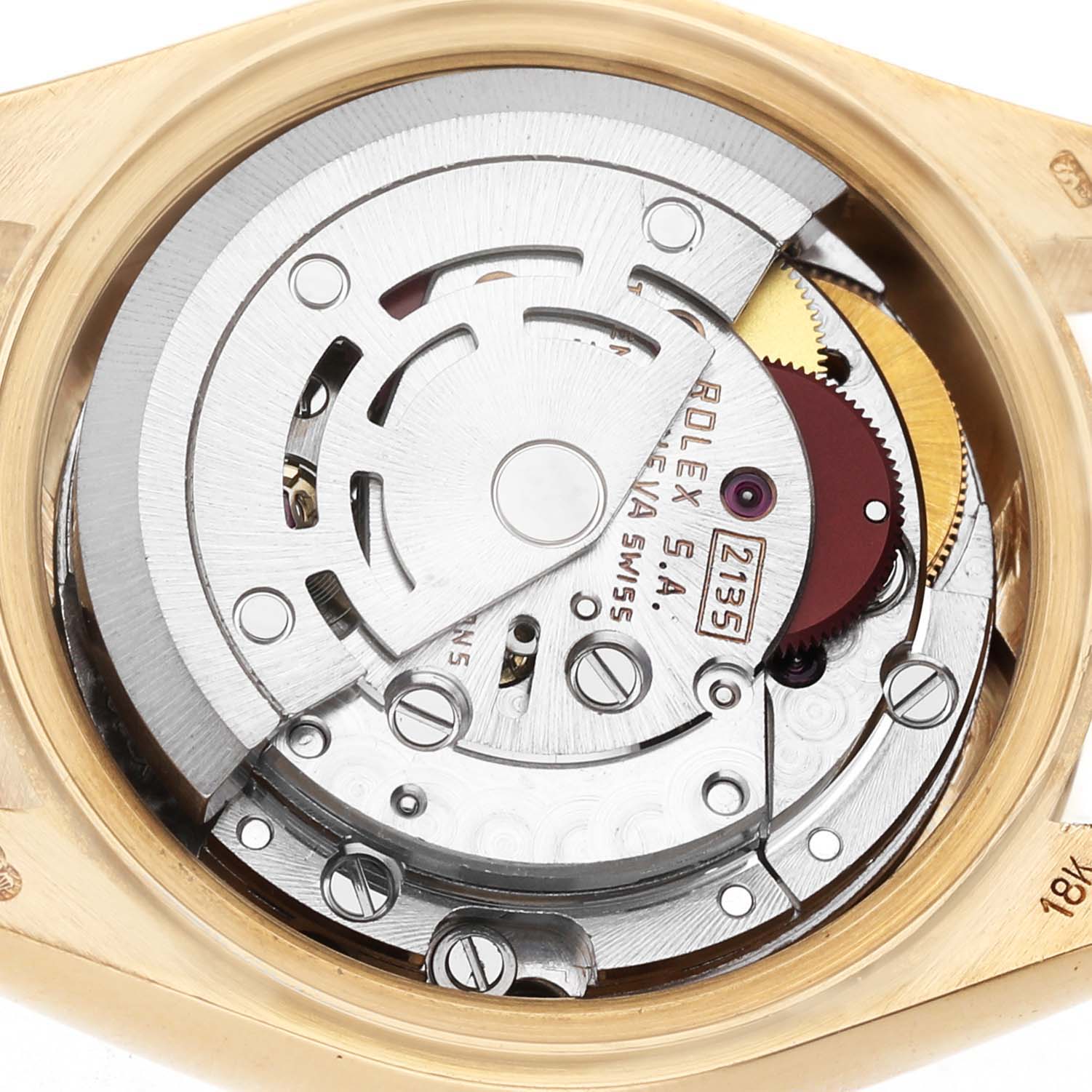 The image shows the movement of a Rolex President 69178 Women's Yellow Gold Champagne Dial model, revealing its intricate mechanical components.
