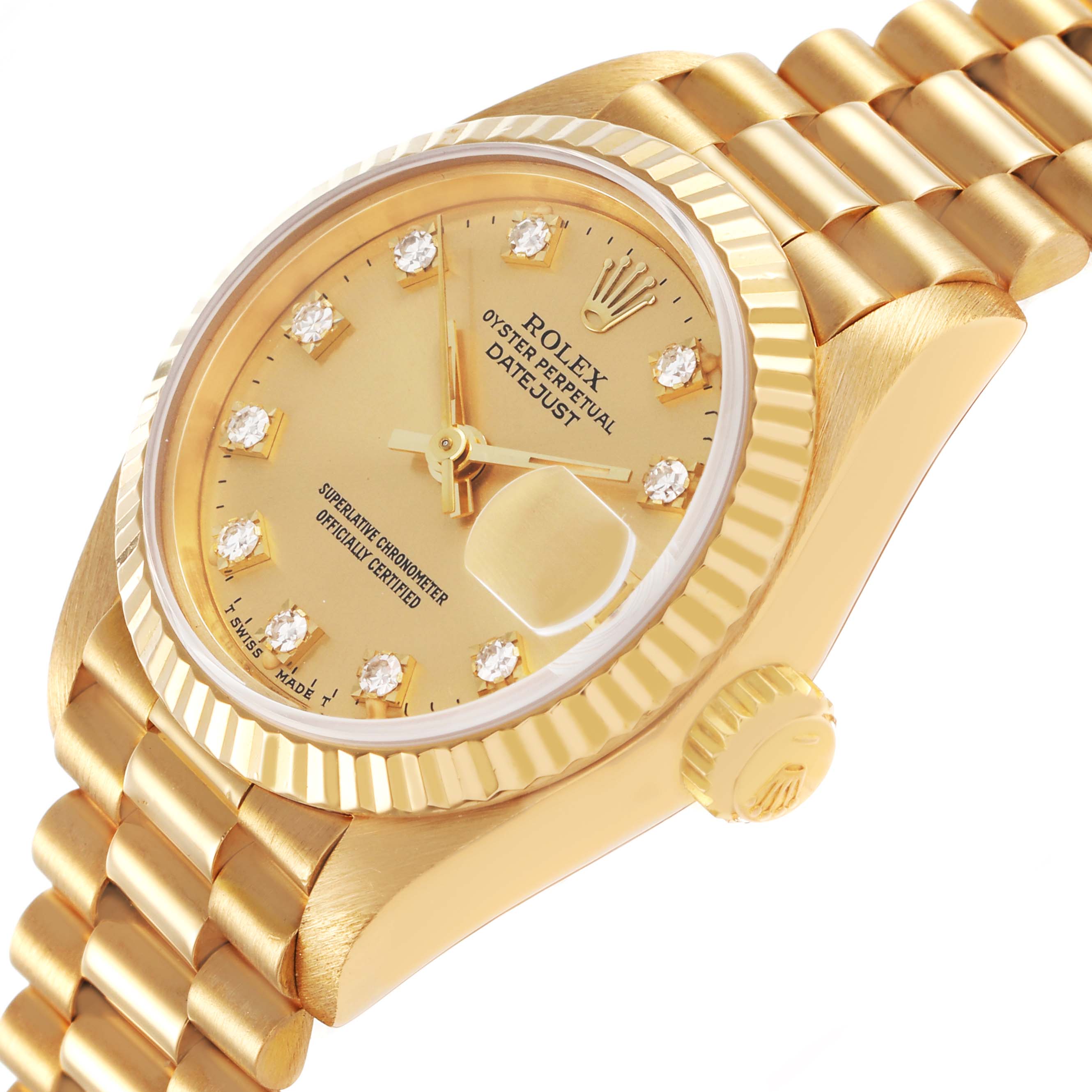 The Rolex President 69178 Women's Yellow Gold Champagne Dial model is shown from an angled side view, highlighting its gold case, fluted bezel, bracelet, and diamond markers.