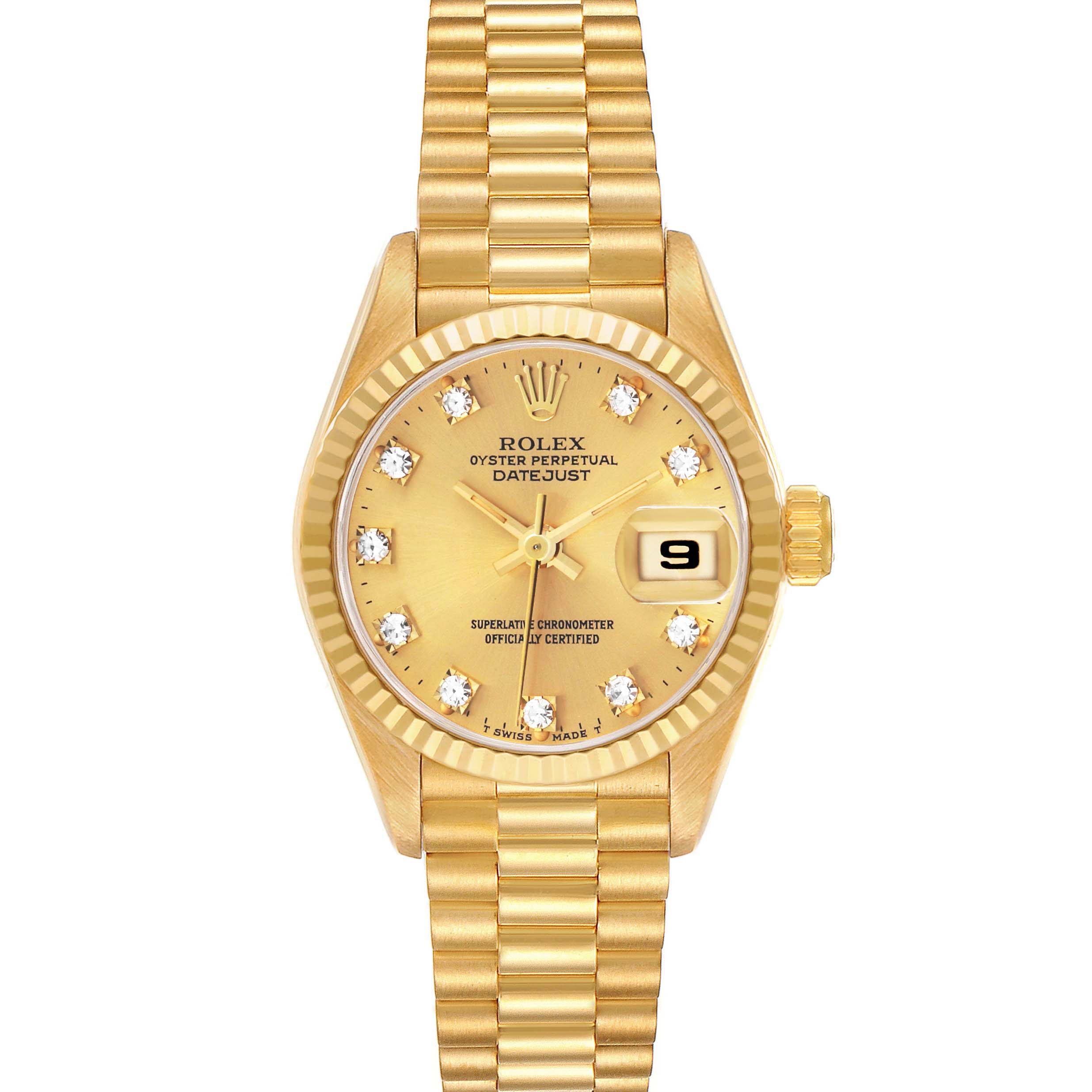 The image shows a front view of a Rolex President 69178 Women's Yellow Gold Champagne Dial model watch, highlighting its gold bracelet, dial, and date display.