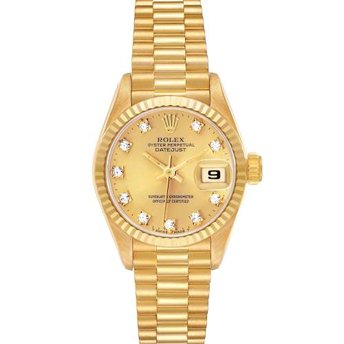 The Rolex President 69178 Women's Yellow Gold Champagne Dial model is shown from the front, displaying the gold dial, fluted bezel, and President bracelet.