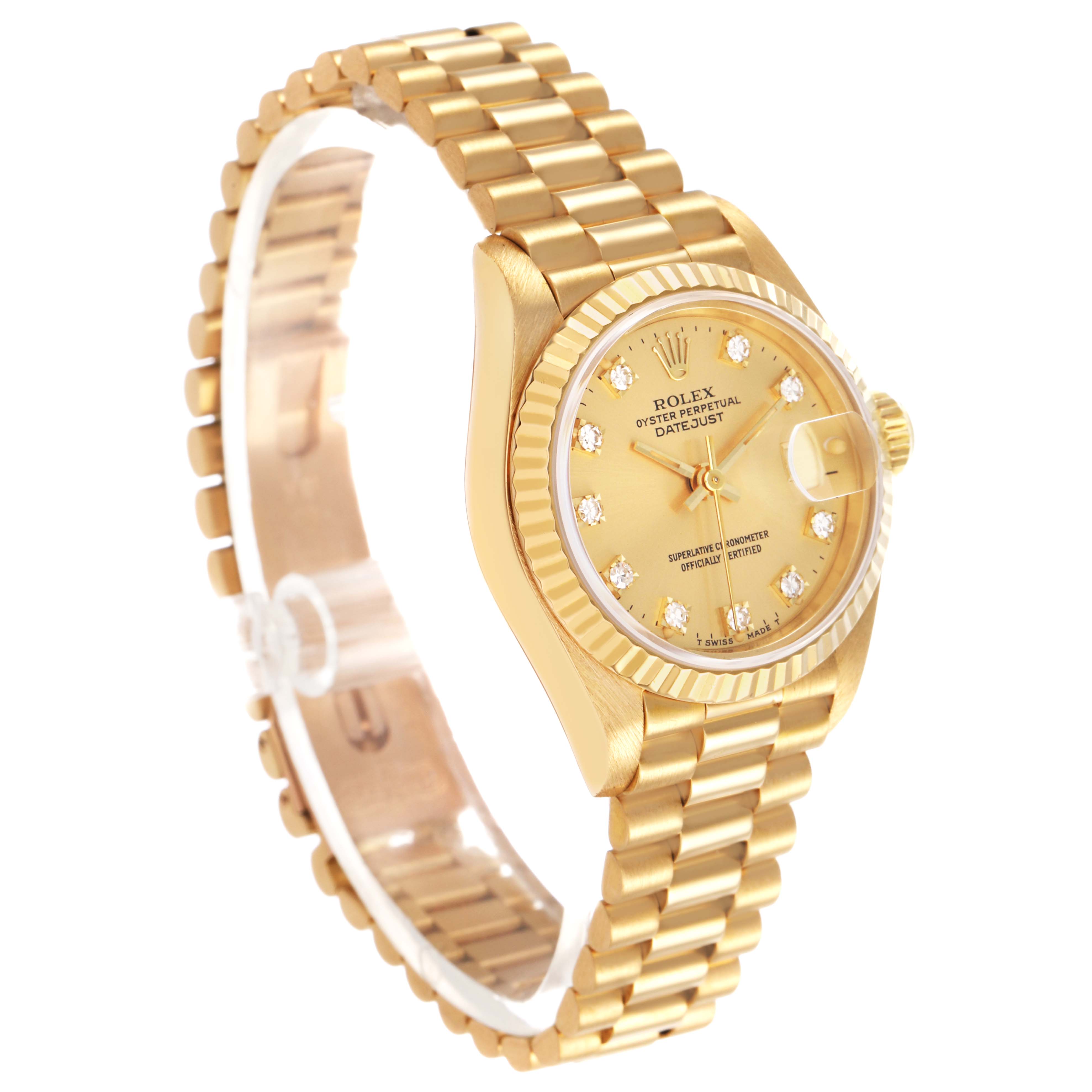 The Rolex President 69178 Women's Yellow Gold Champagne Dial watch is shown from an angled side view, displaying its face, bezel, and bracelet.