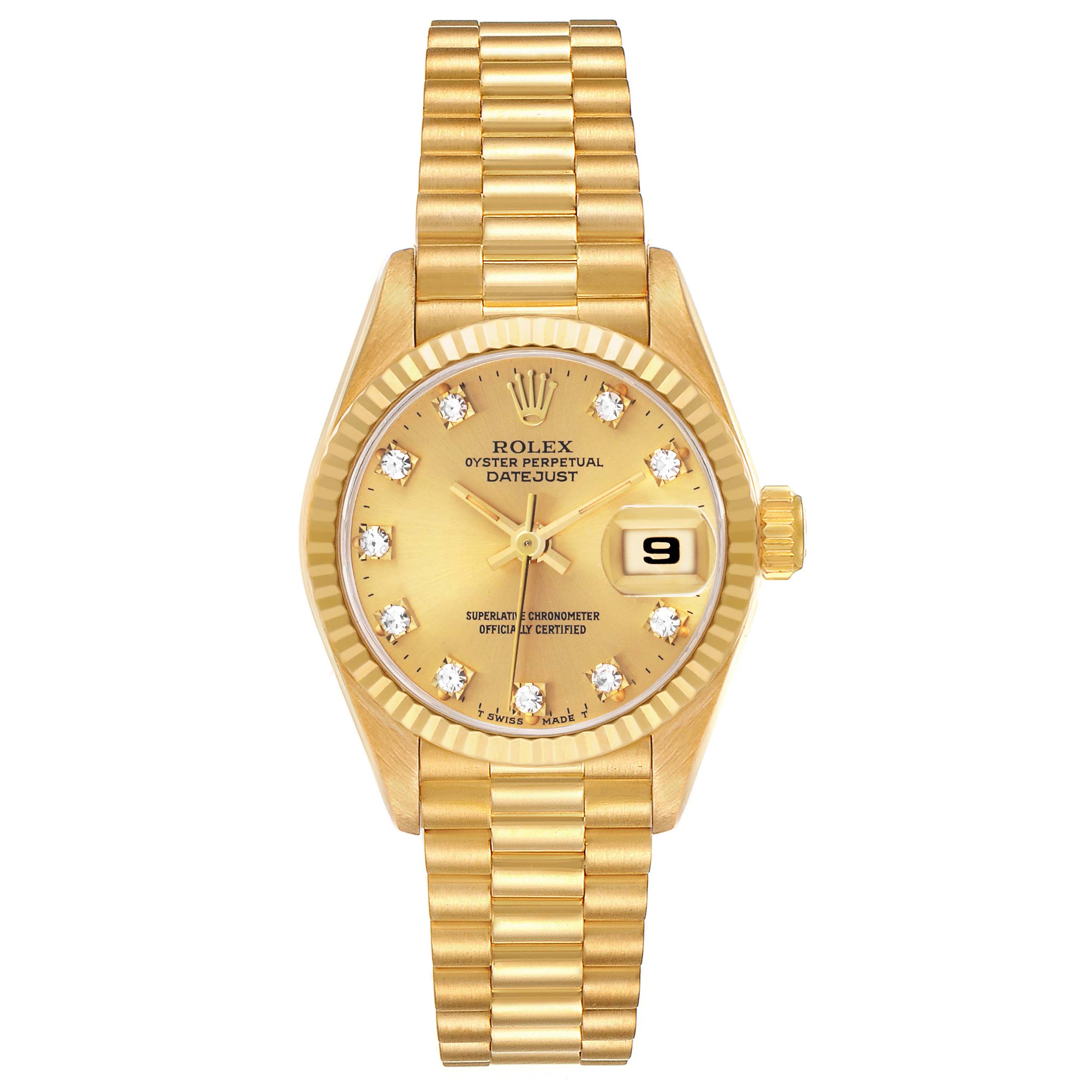 The Rolex President 69178 Women's Yellow Gold Champagne Dial model watch is shown from a top-down angle, displaying the dial, bezel, and bracelet.