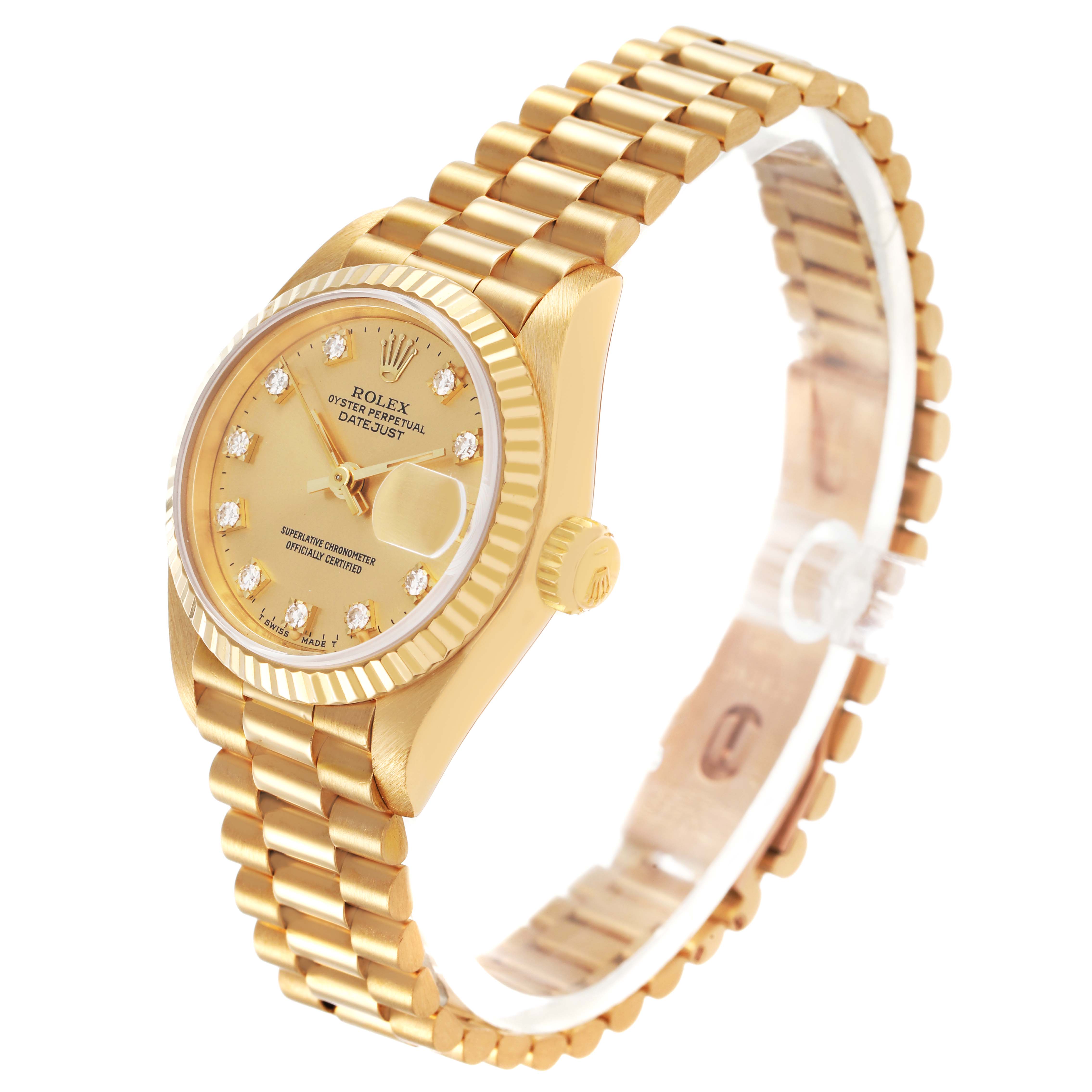 The Rolex President 69178 Women's Yellow Gold Champagne Dial model is shown from a three-quarter angle, highlighting the dial, bezel, crown, and bracelet.