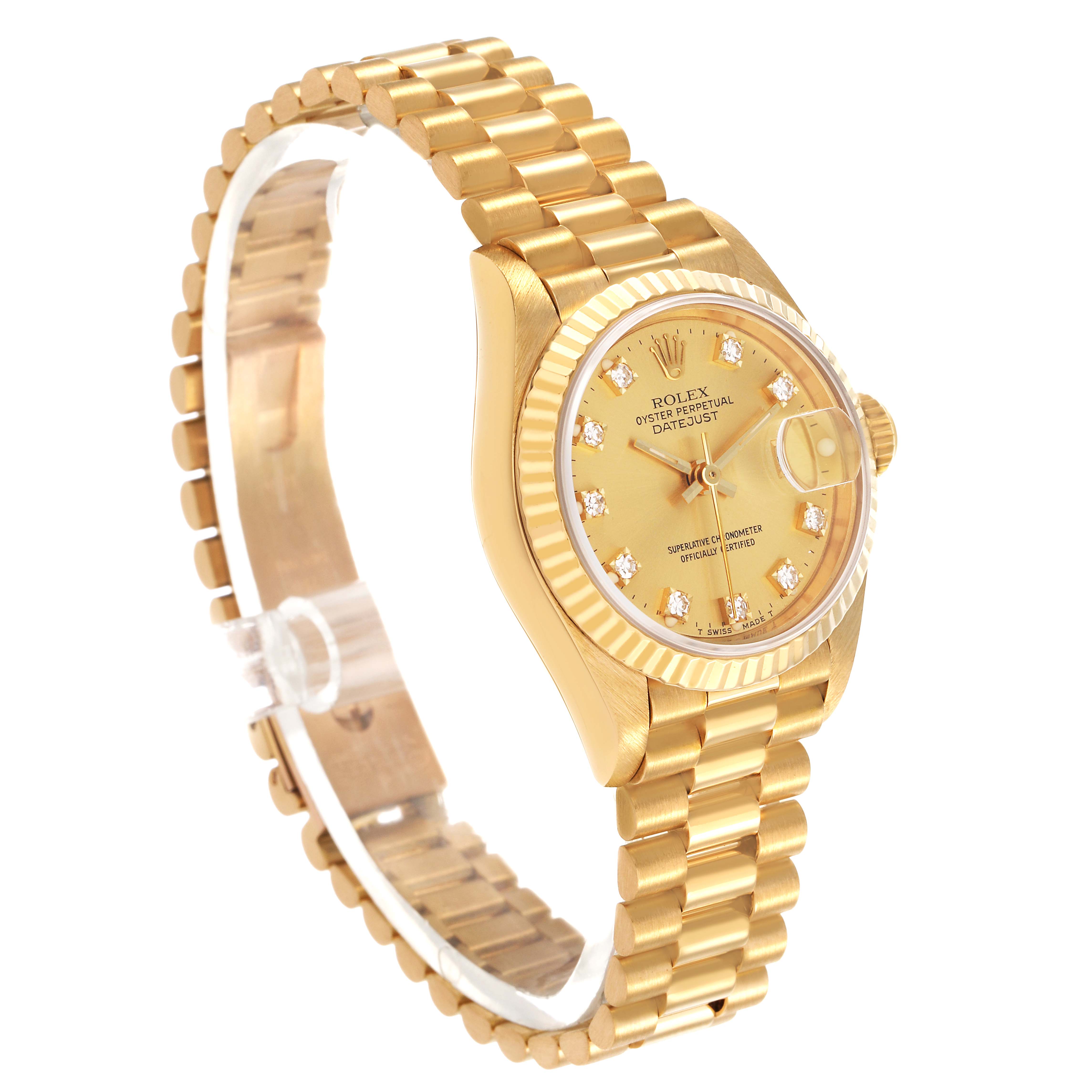 The Rolex Datejust 69178 Women's Yellow Gold Champagne Dial watch is shown at a three-quarter angle, highlighting the face, bezel, and bracelet.