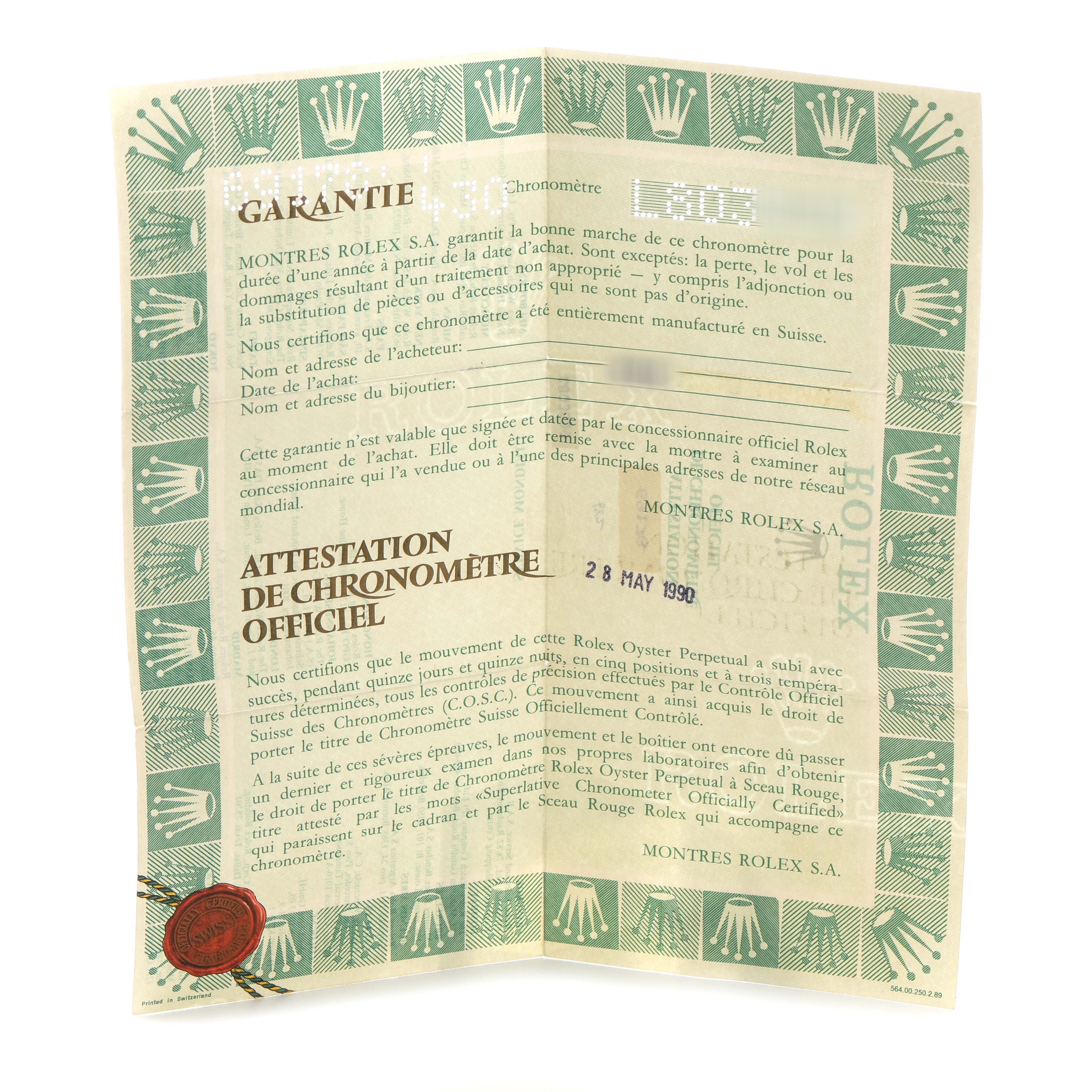 The image shows a warranty certificate for a Rolex Datejust 69178 Women's Yellow Gold Champagne Dial, displaying text and the green Rolex pattern.