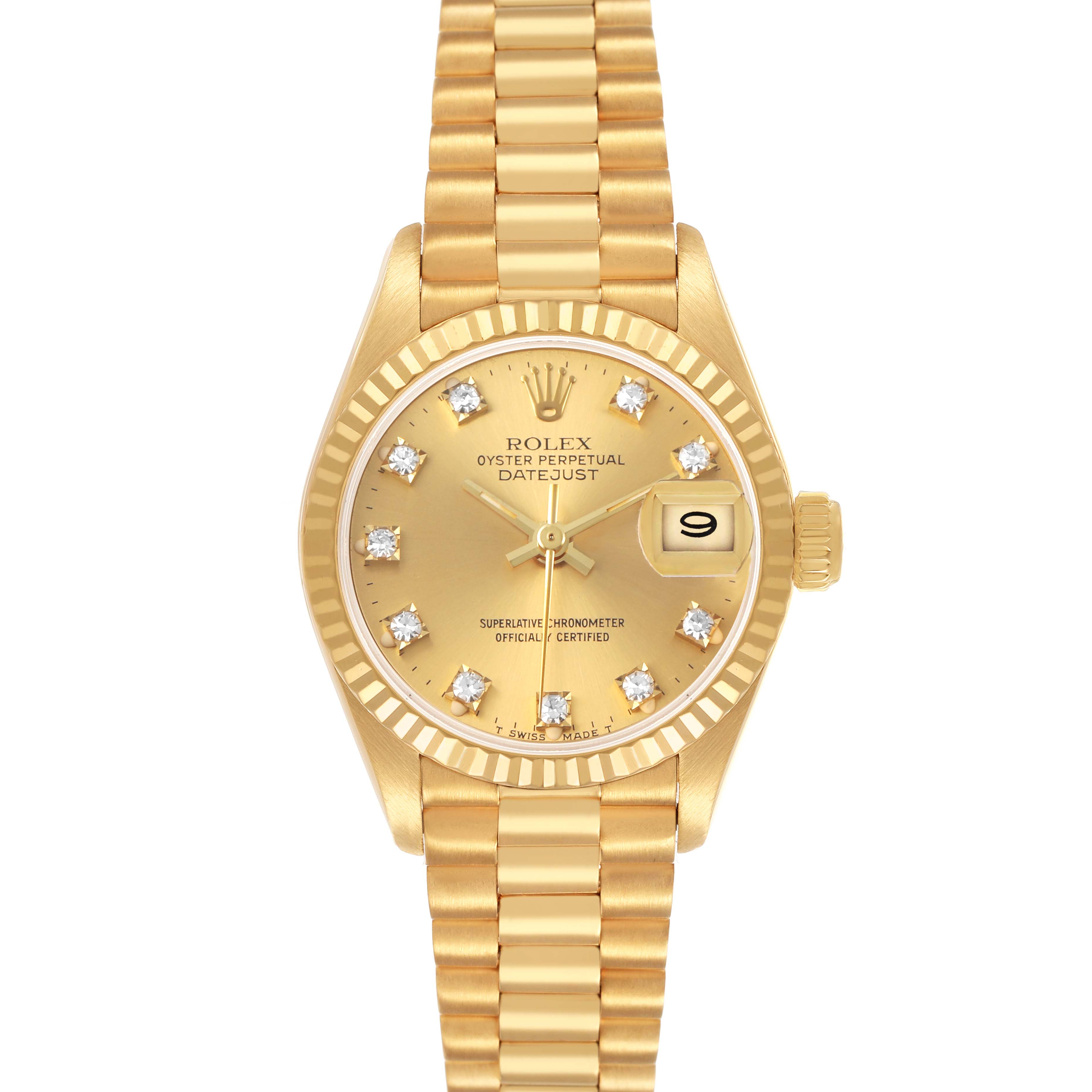 The Rolex Datejust 69178 Women's Yellow Gold Champagne Dial watch is shown from a front view, displaying the dial, fluted bezel, bracelet, and date window.